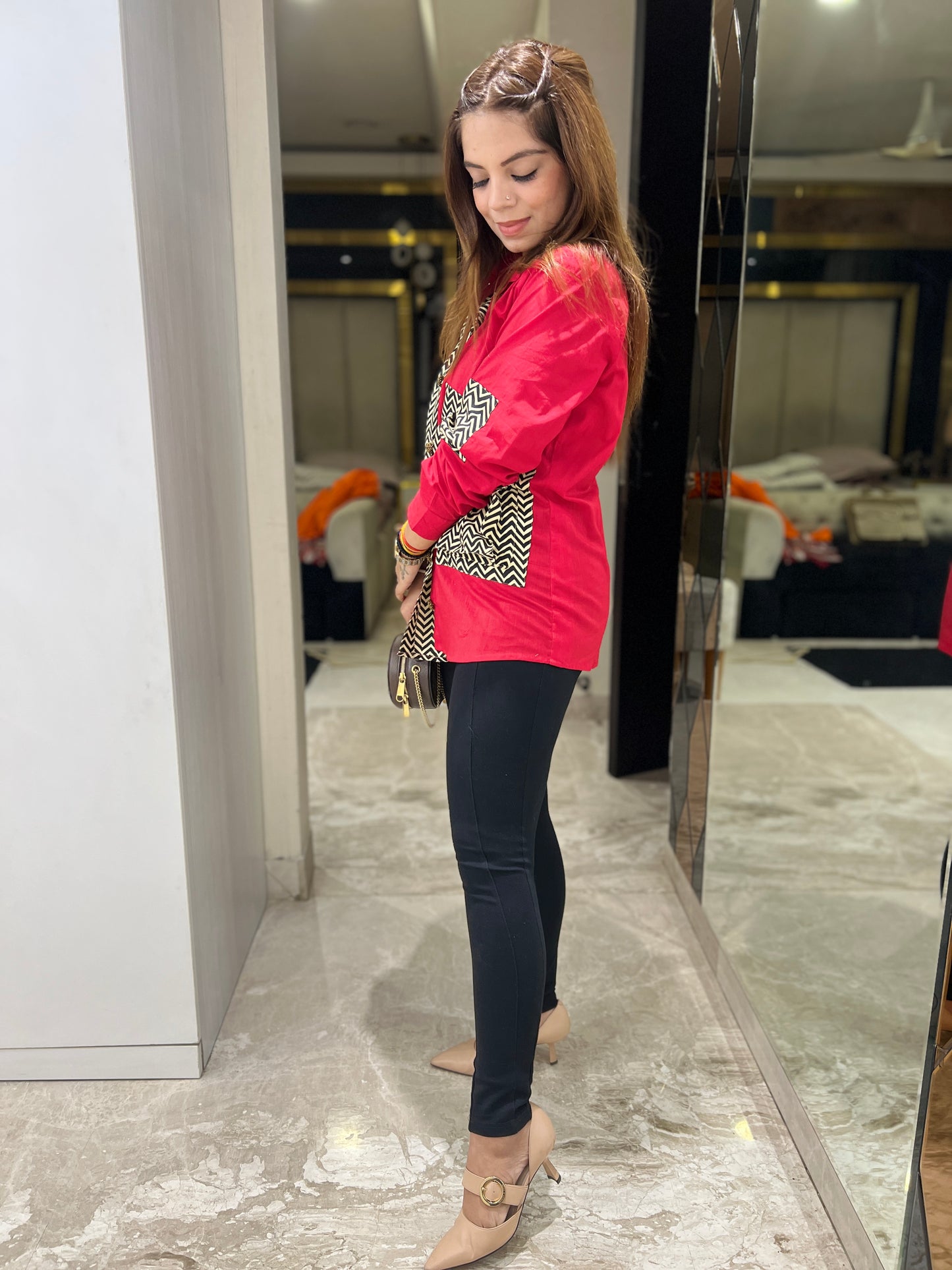 Mahira - Unique Red and Chevron Pattern Shirt – Bold Mixed Print Design | mystiquee closet