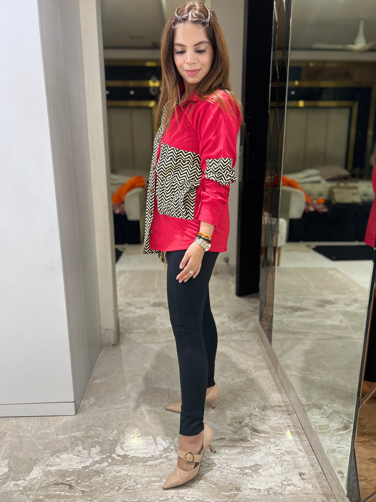 Mahira - Unique Red and Chevron Pattern Shirt – Bold Mixed Print Design | mystiquee closet