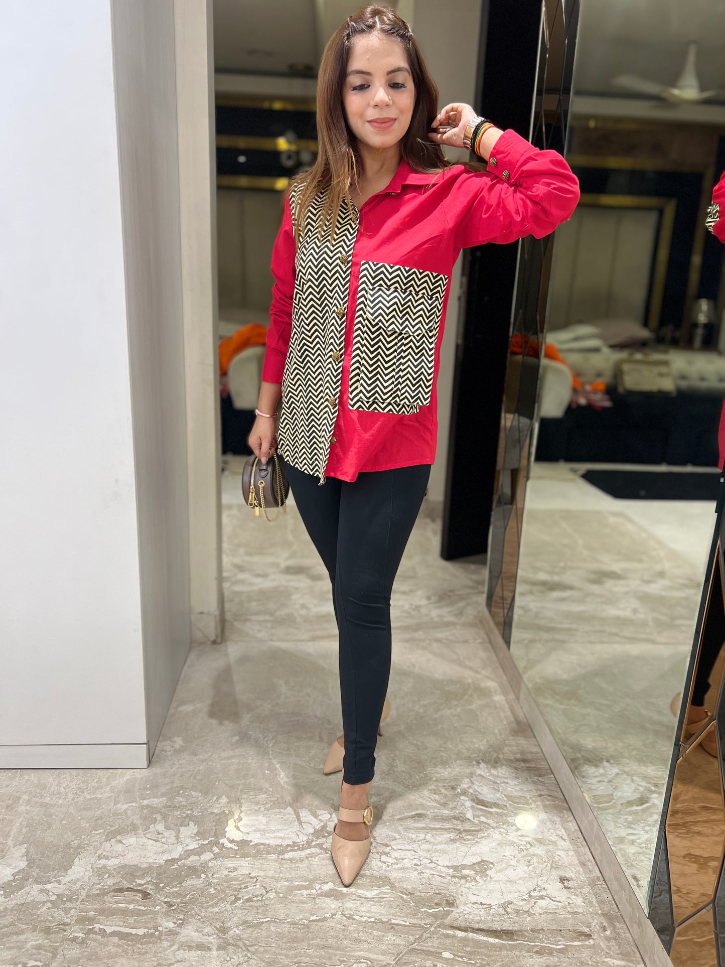 Mahira - Unique Red and Chevron Pattern Shirt – Bold Mixed Print Design | mystiquee closet