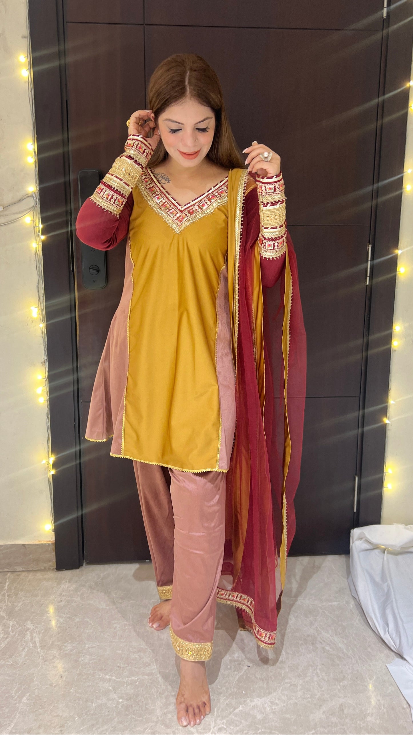 Noor - Velvet Mustard & Wine Embroidered Suit Set.