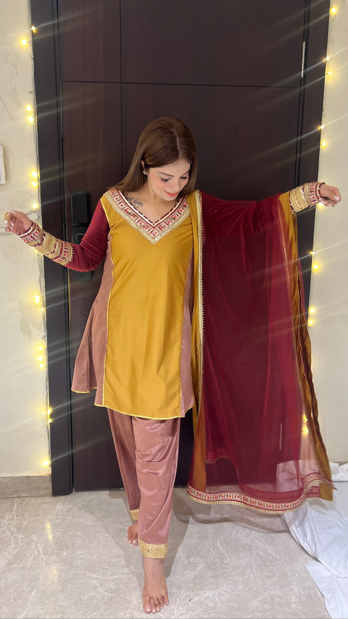Noor - Velvet Mustard & Wine Embroidered Suit Set.