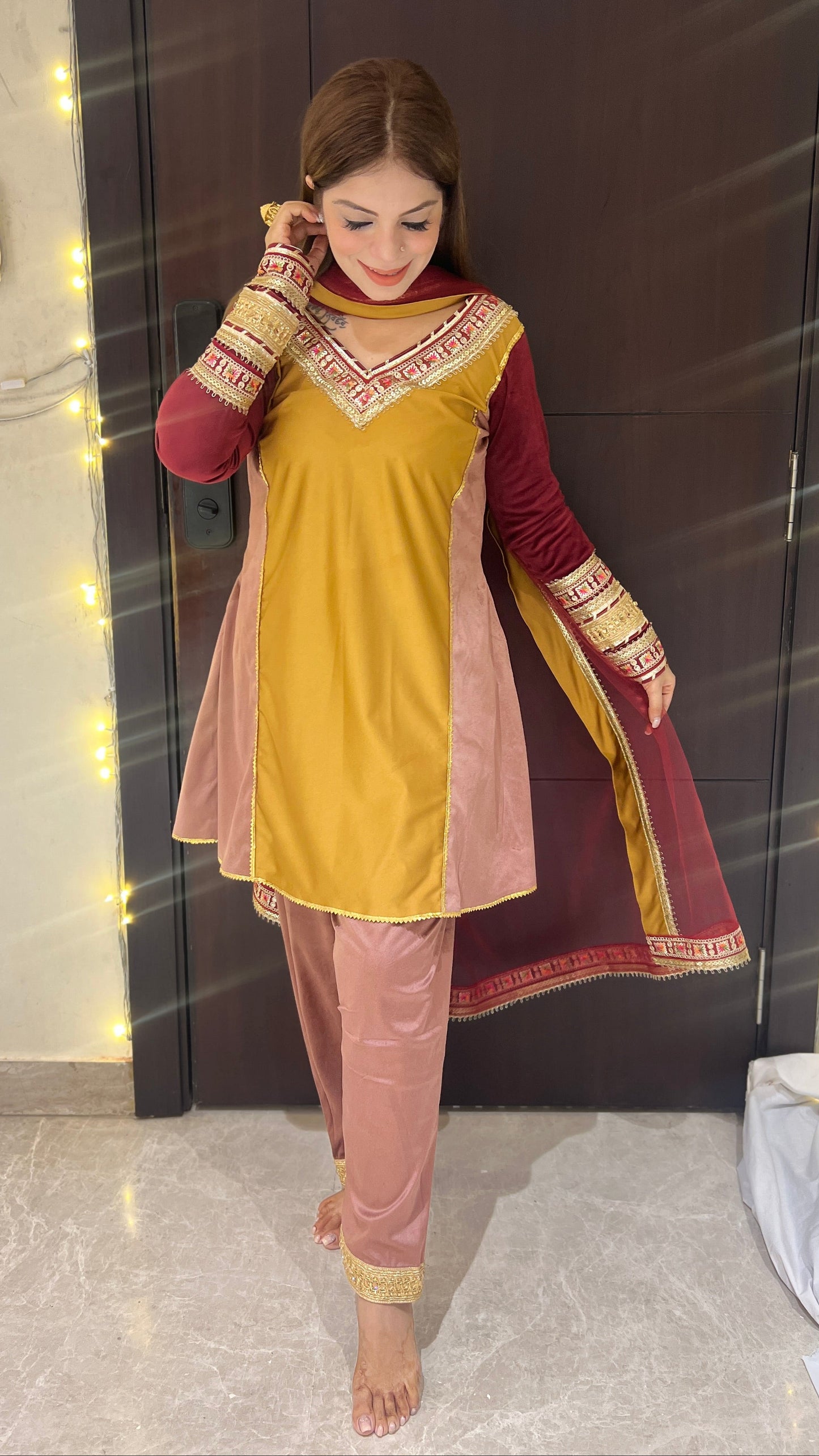 Noor - Velvet Mustard & Wine Embroidered Suit Set.