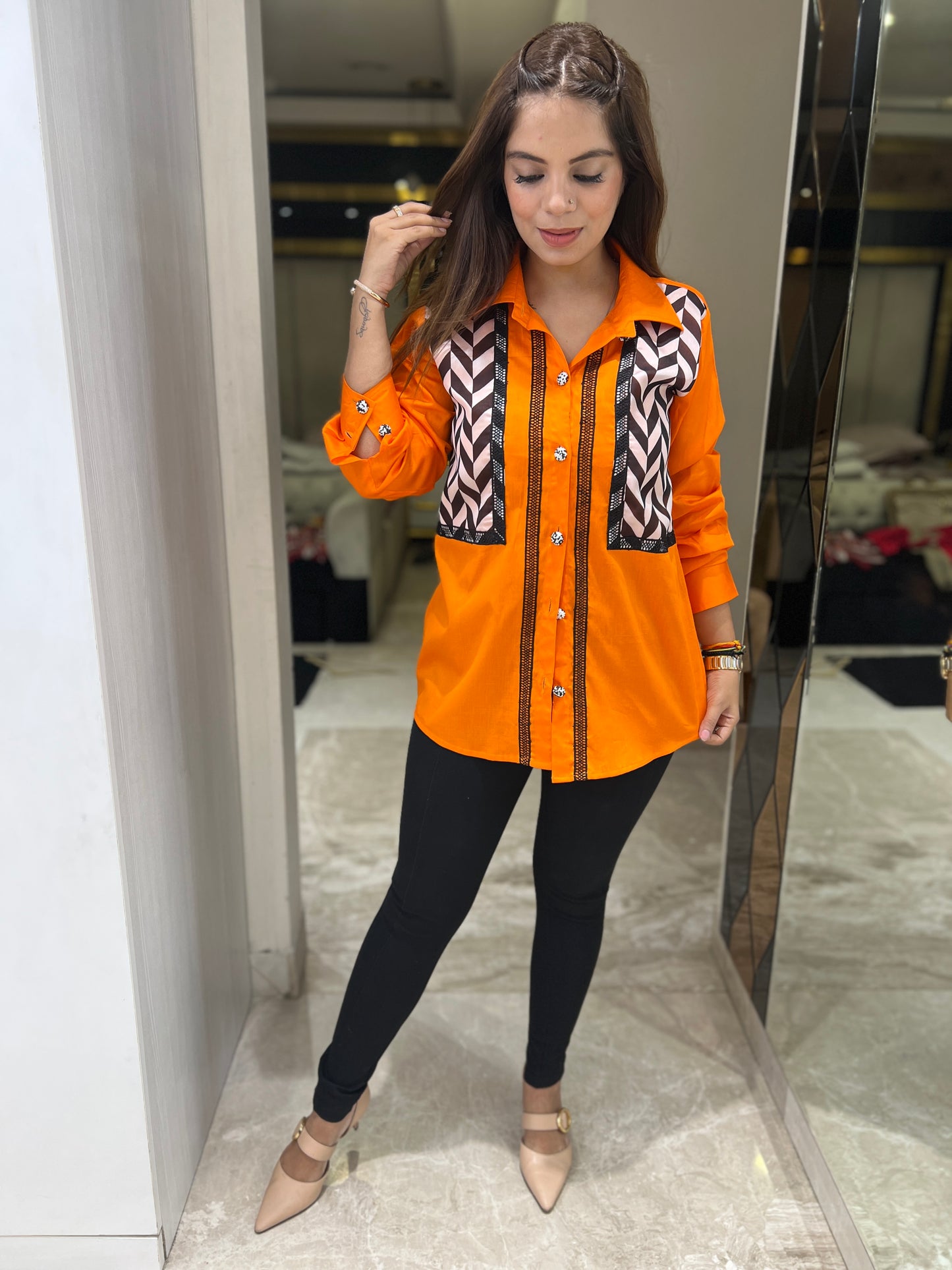 Mishti - Bold Orange Button-Up Shirt with Geometric Panel Design | mystiquee closet