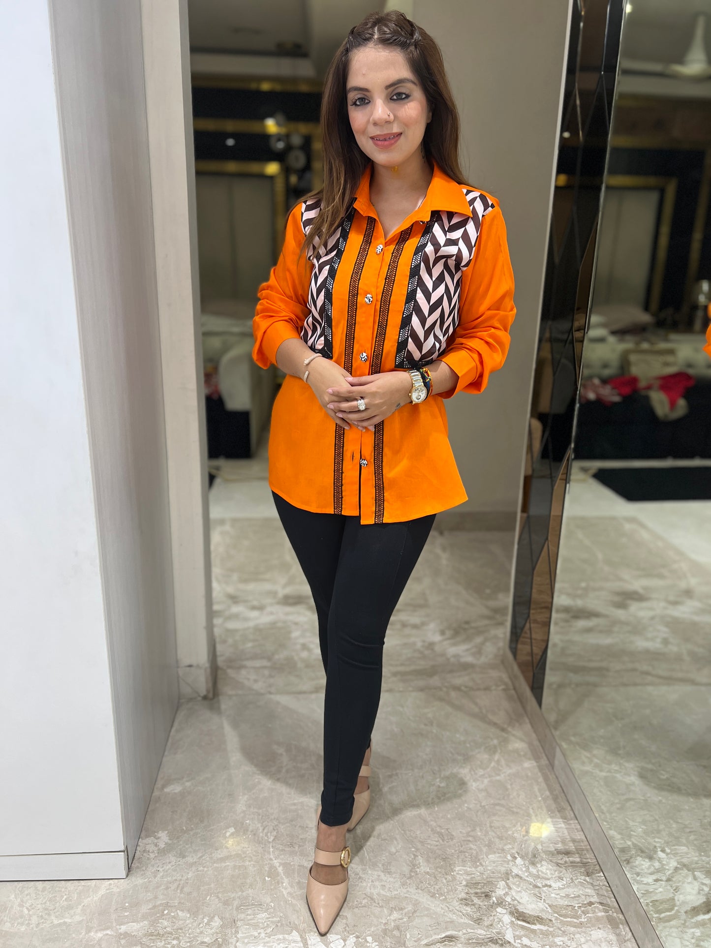 Mishti - Bold Orange Button-Up Shirt with Geometric Panel Design | mystiquee closet