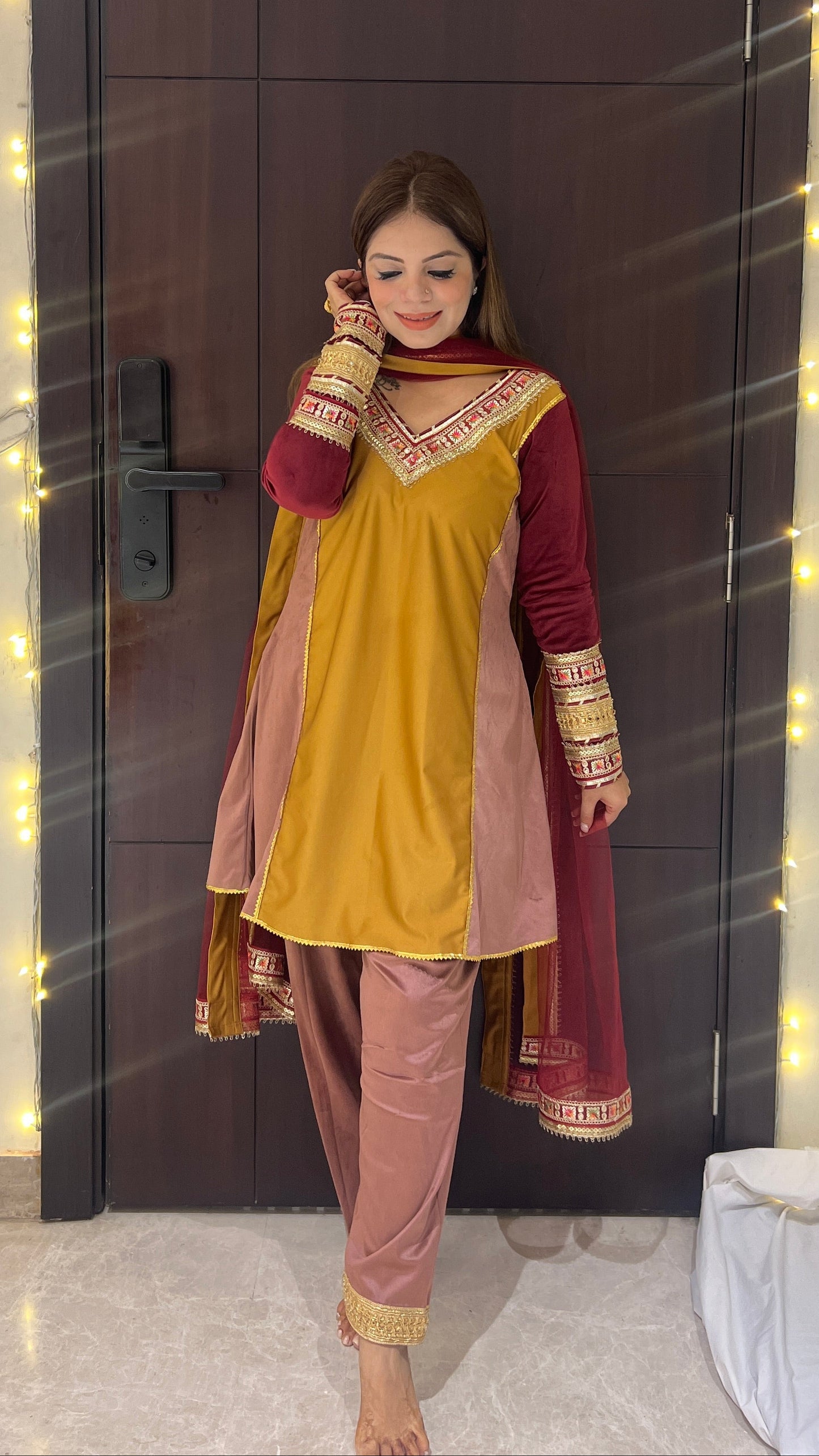 Noor - Velvet Mustard & Wine Embroidered Suit Set.