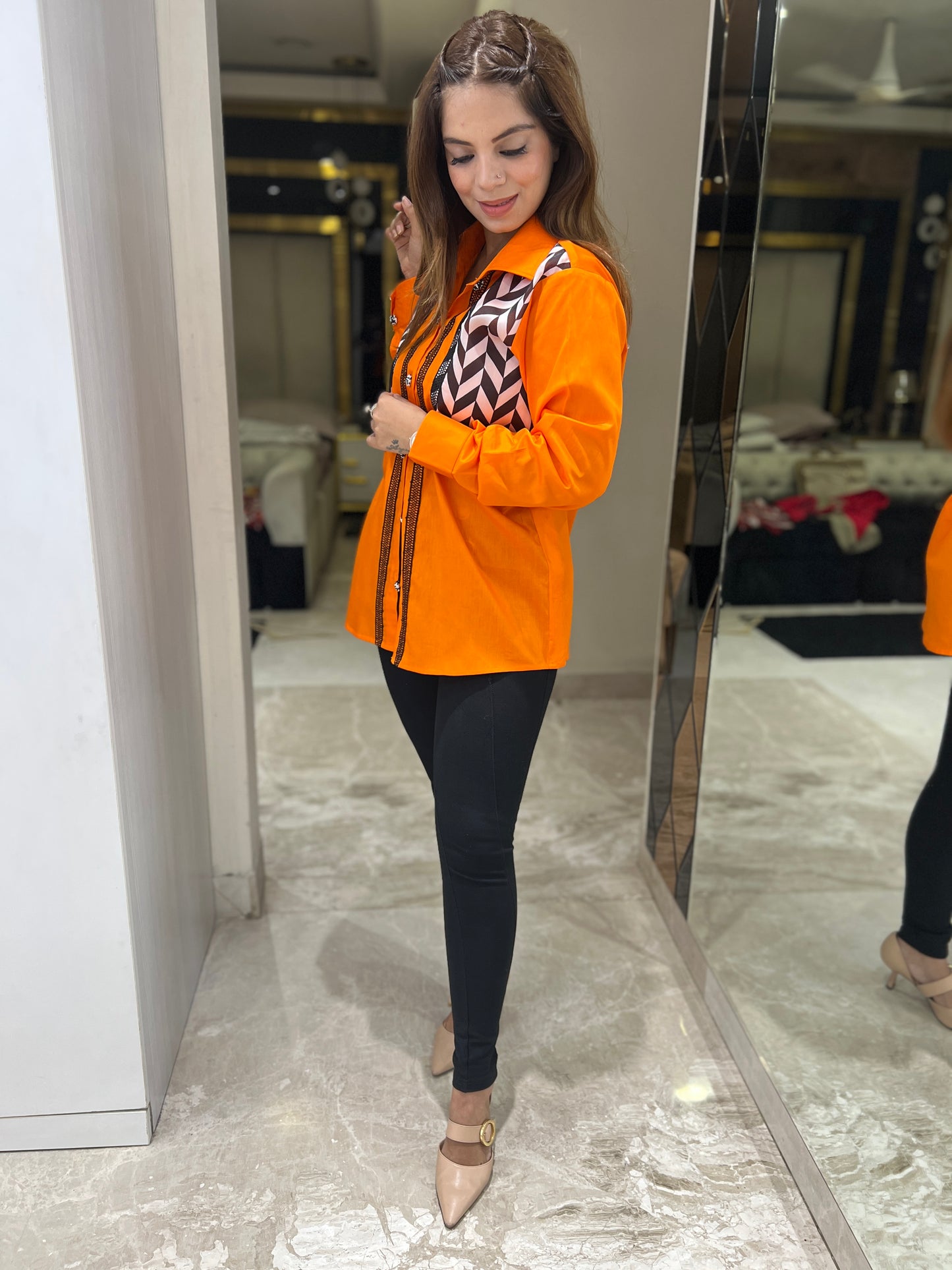 Mishti - Bold Orange Button-Up Shirt with Geometric Panel Design | mystiquee closet