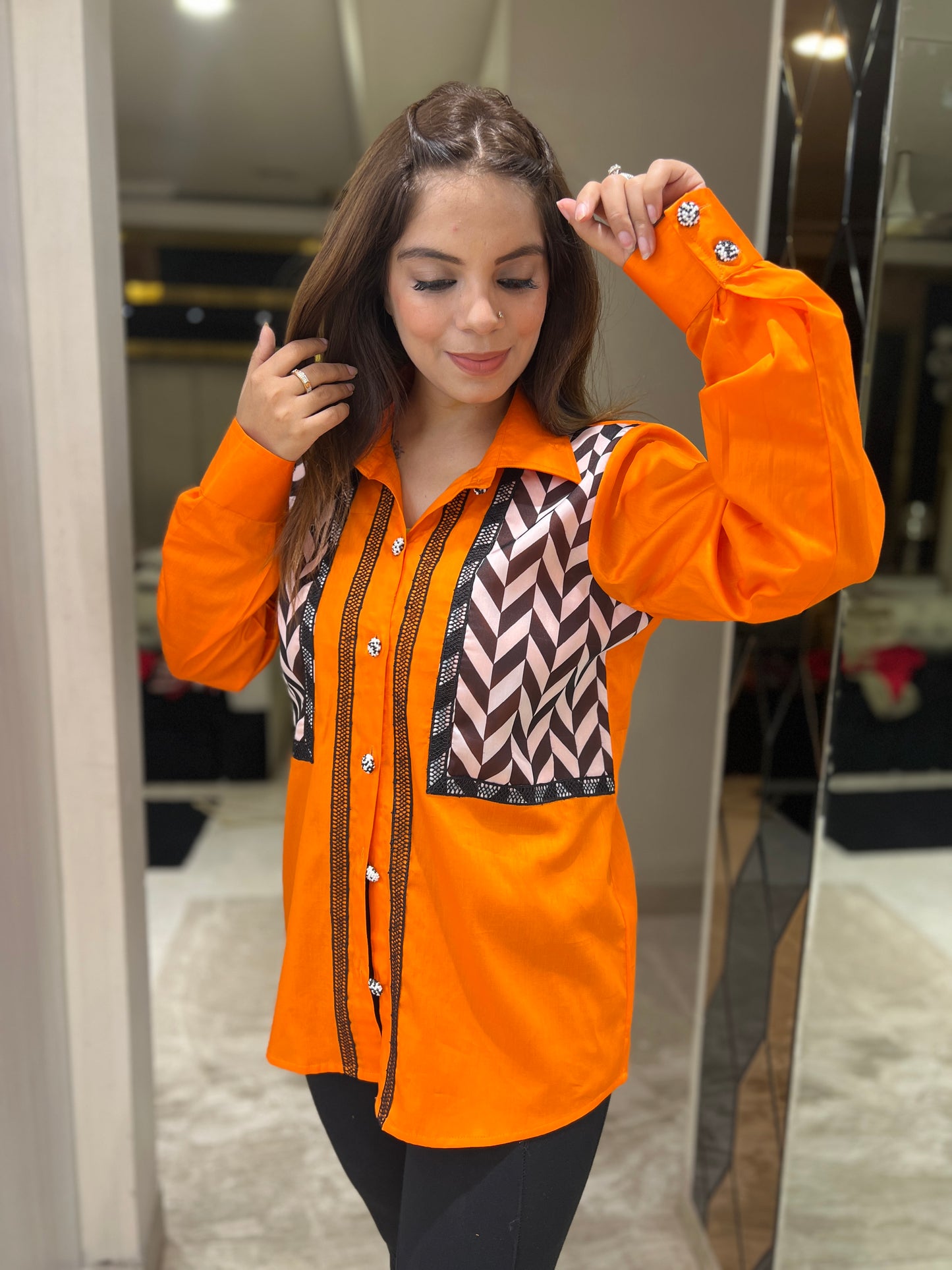Mishti - Bold Orange Button-Up Shirt with Geometric Panel Design | mystiquee closet