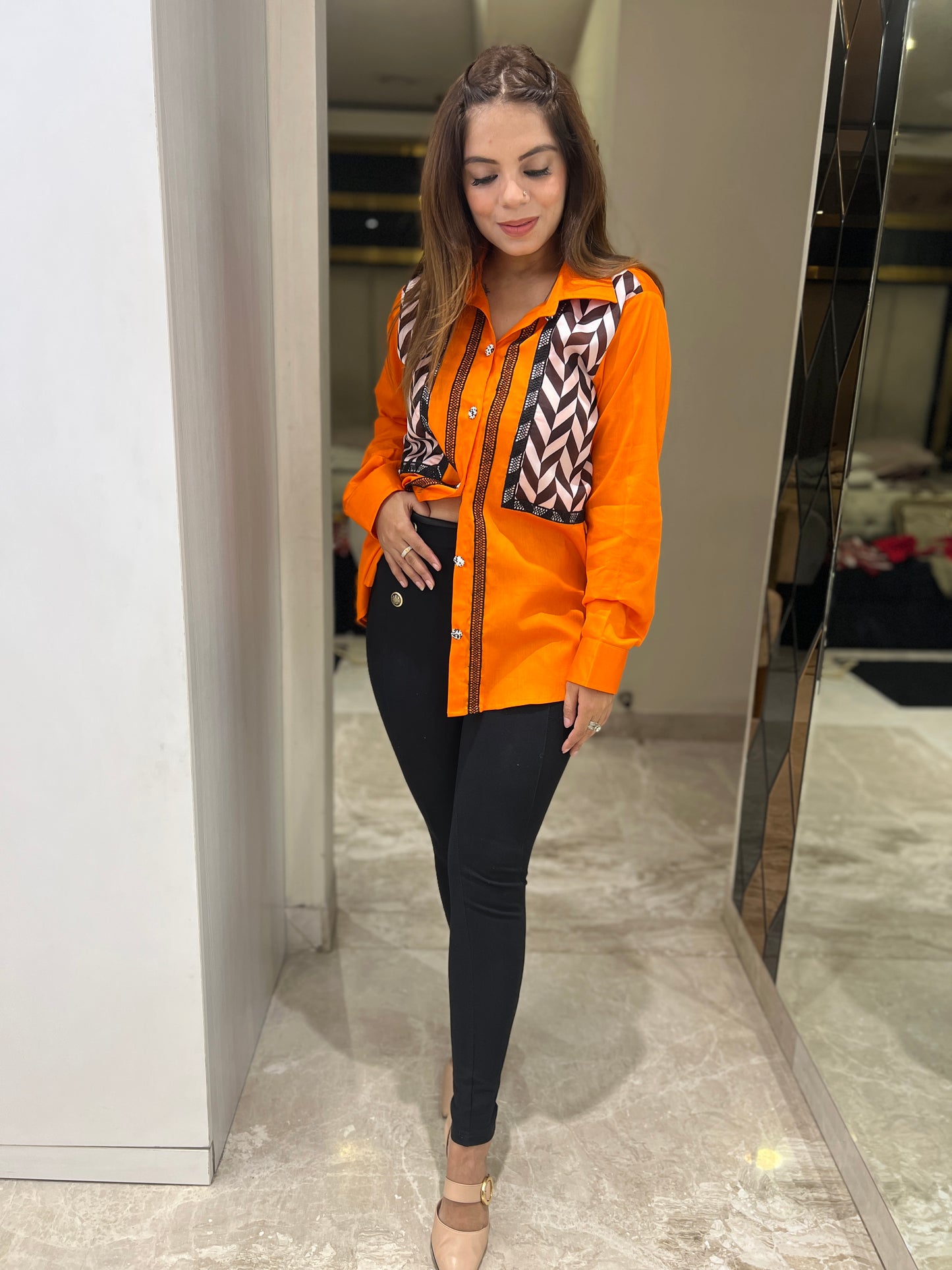 Mishti - Bold Orange Button-Up Shirt with Geometric Panel Design | mystiquee closet