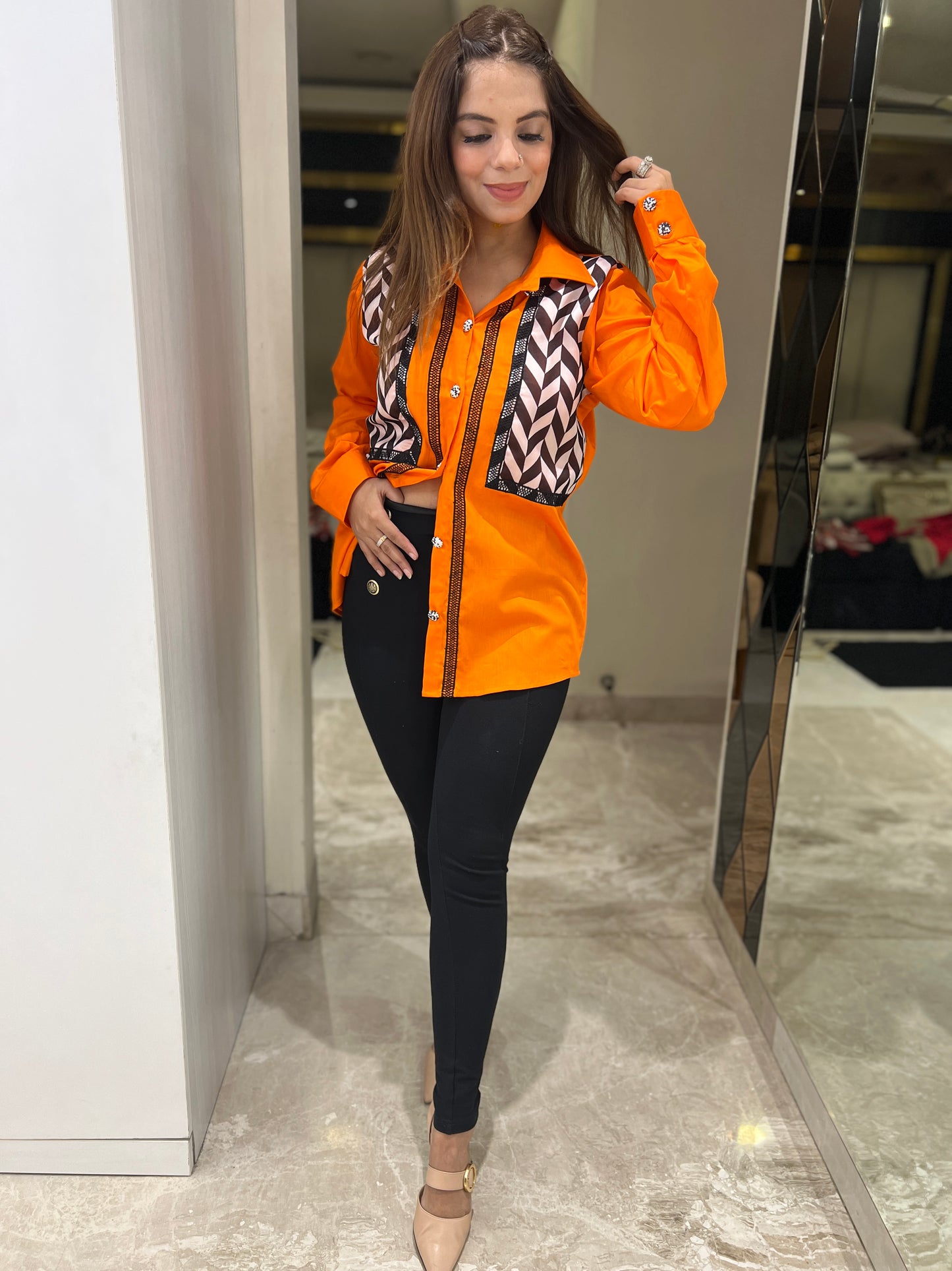 Mishti - Bold Orange Button-Up Shirt with Geometric Panel Design | mystiquee closet