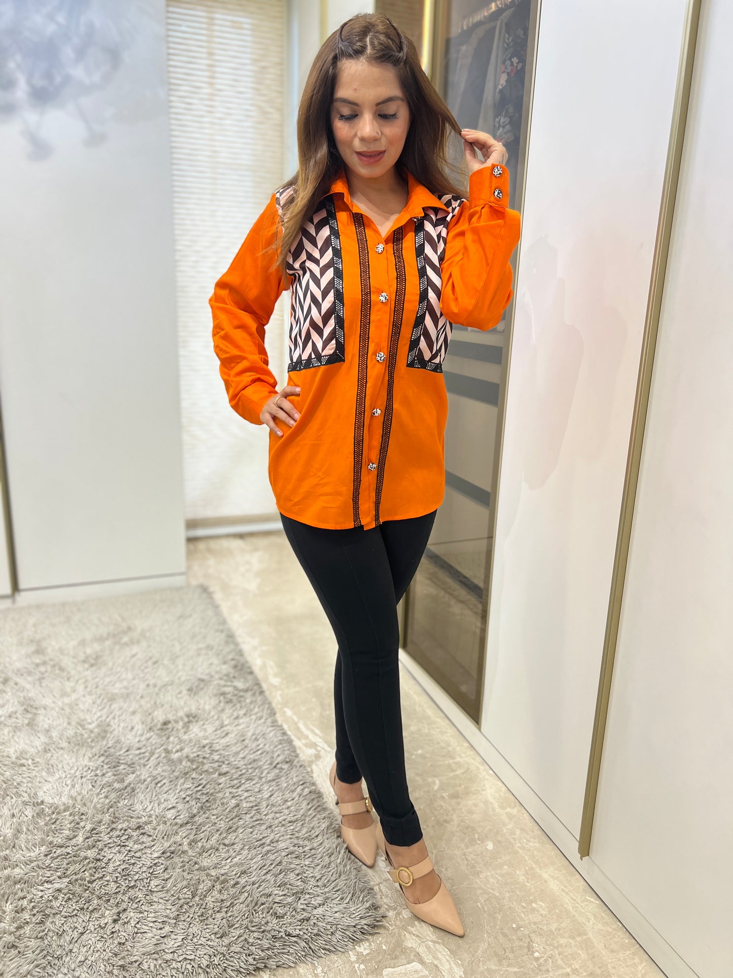 Mishti - Bold Orange Button-Up Shirt with Geometric Panel Design | mystiquee closet