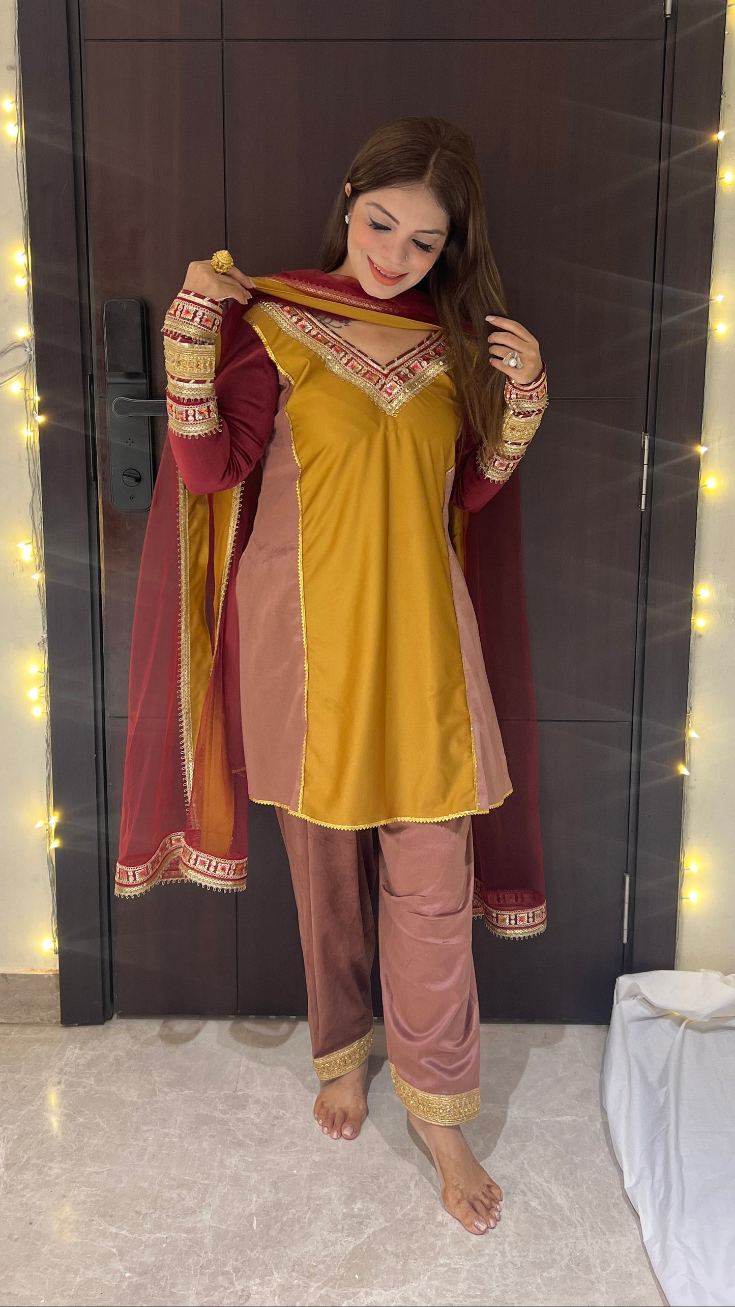 Noor - Velvet Mustard & Wine Embroidered Suit Set.