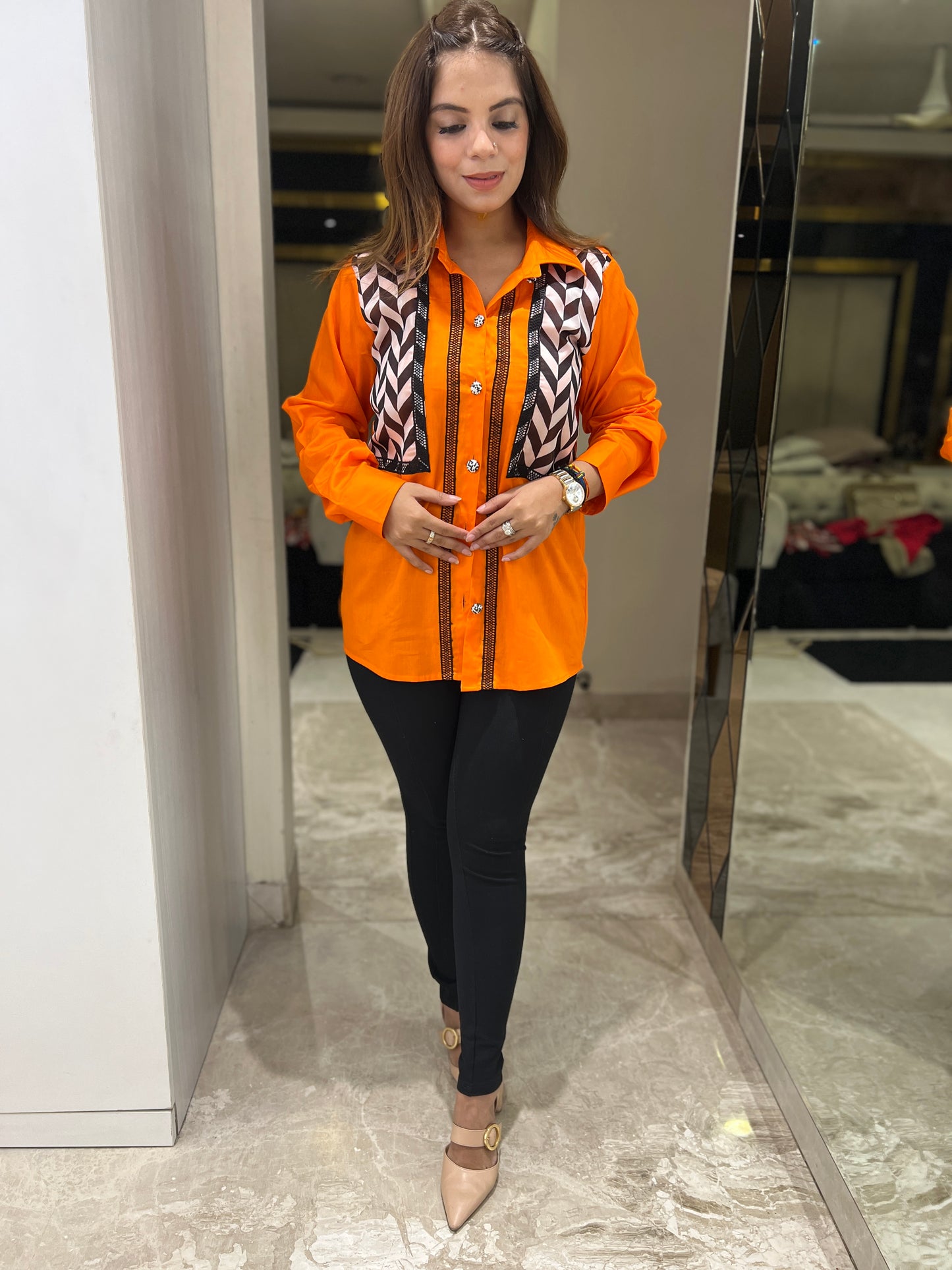 Mishti - Bold Orange Button-Up Shirt with Geometric Panel Design | mystiquee closet