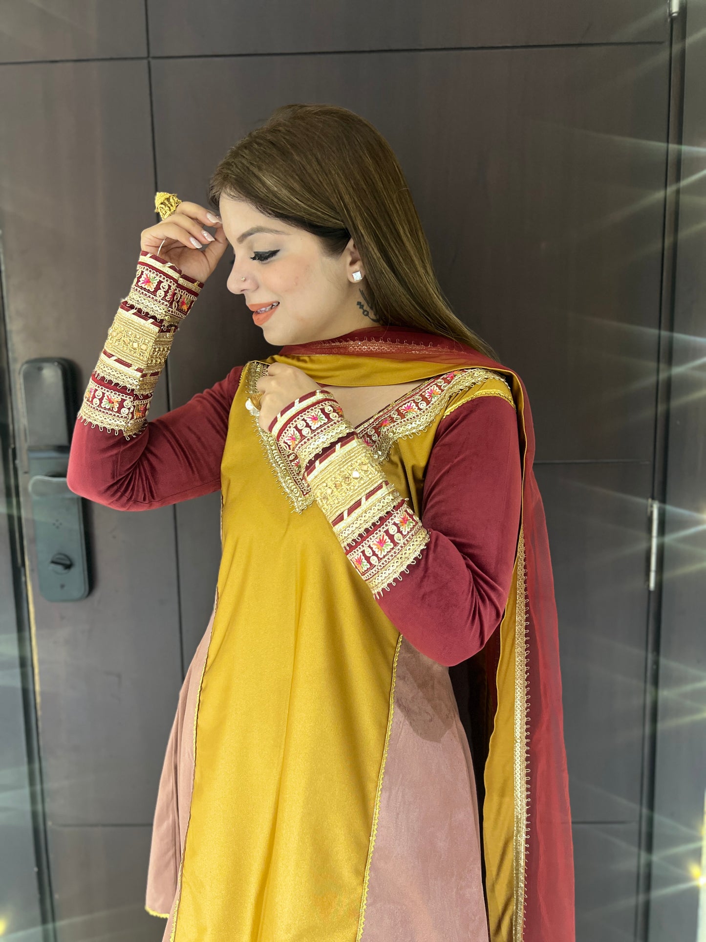 Noor - Velvet Mustard & Wine Embroidered Suit Set.