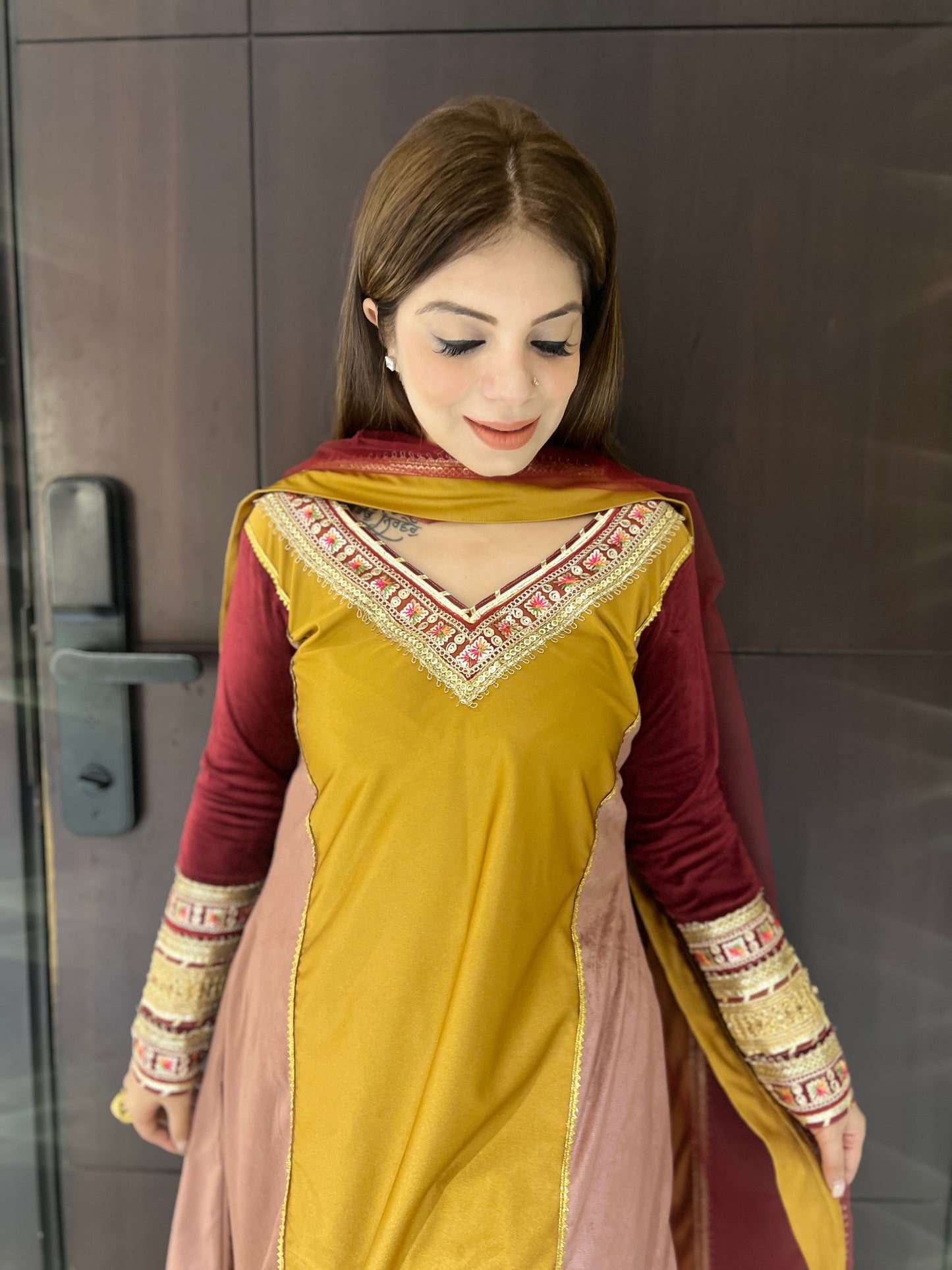 Noor - Velvet Mustard & Wine Embroidered Suit Set.