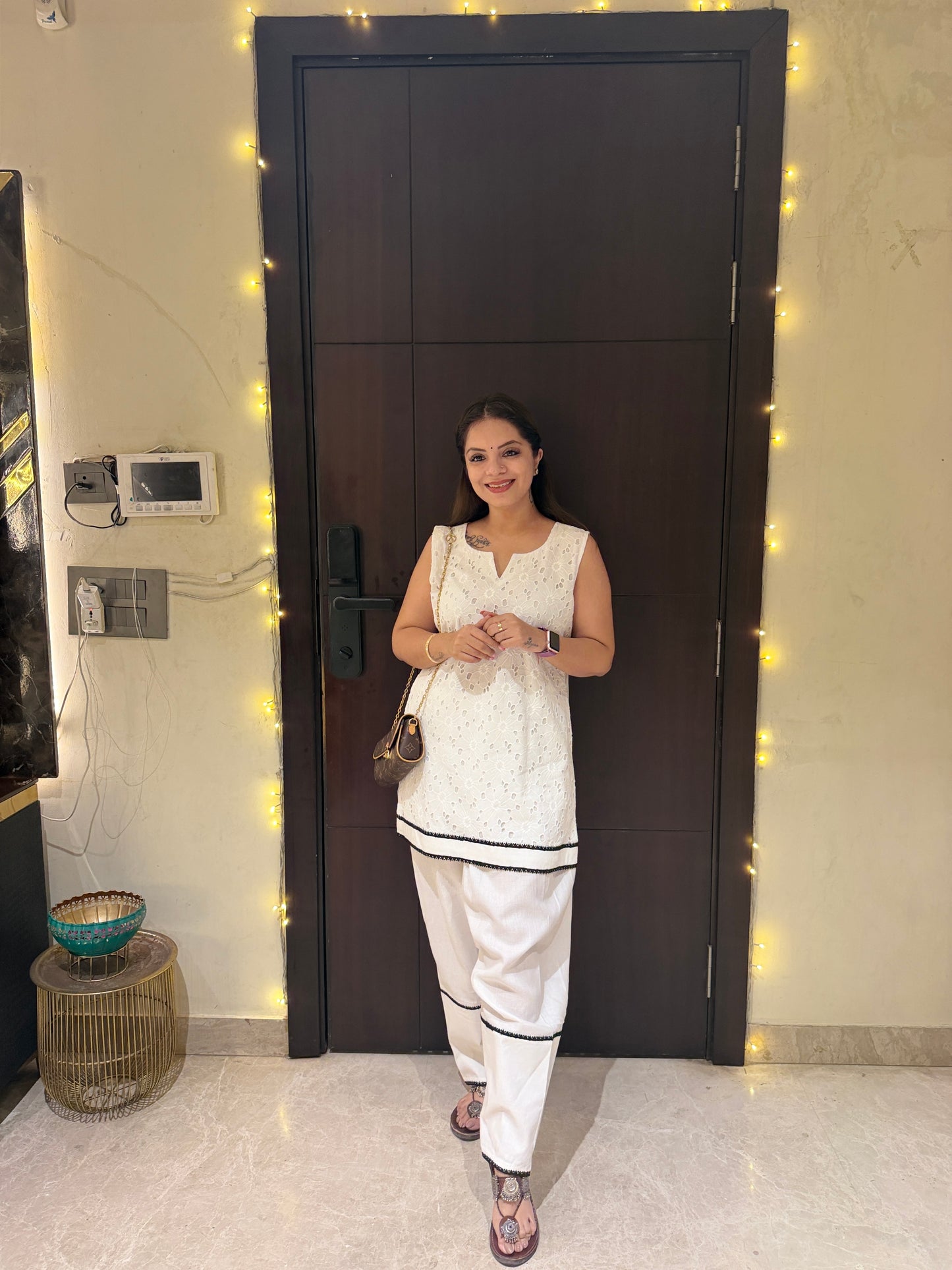 Noor Ivory Luxe Set - Women’s Ivory Schiffli Kurta Pant Set with Contrast Lace | Minimal Luxury Cotton Coord Set