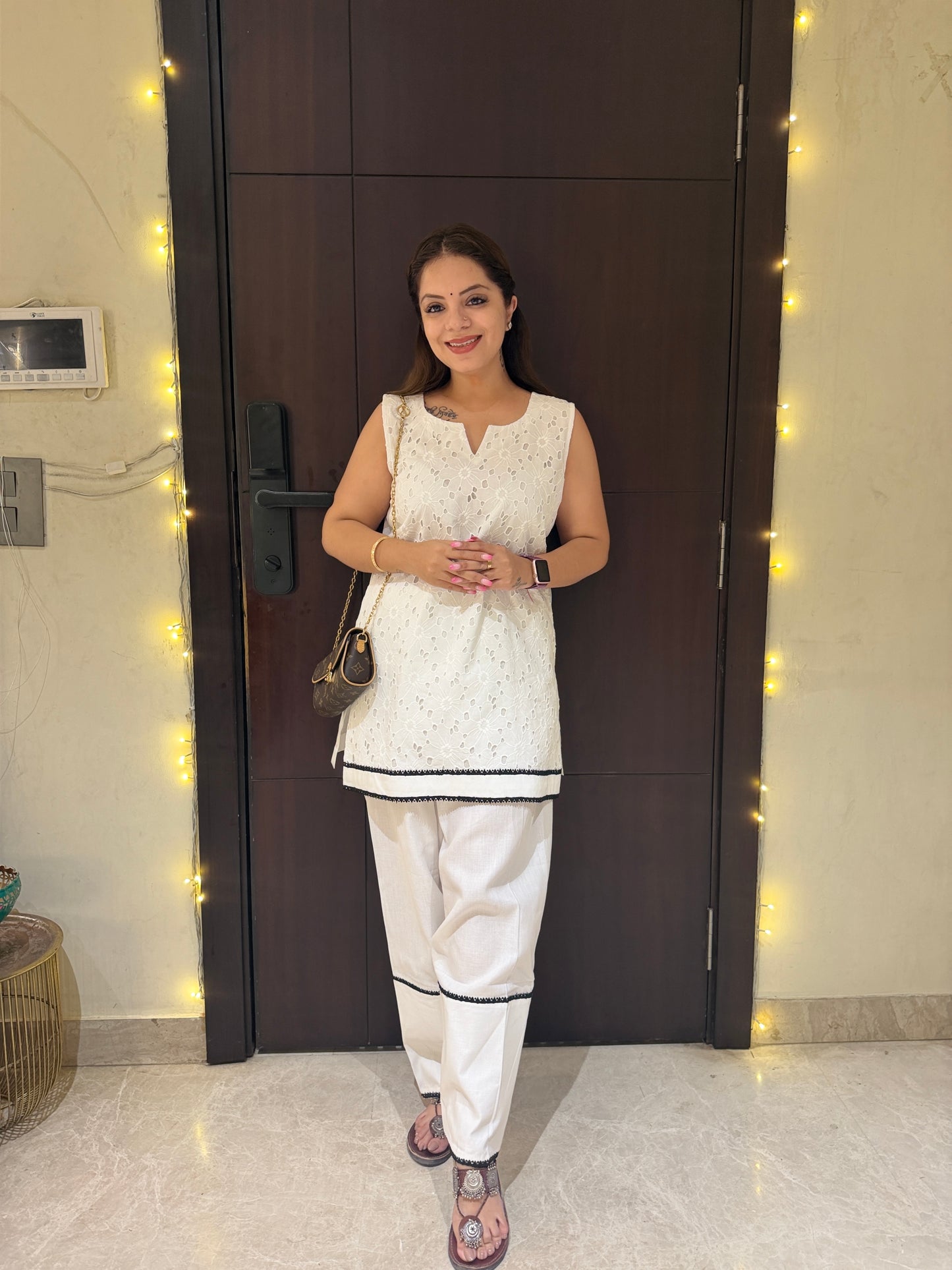 Noor Ivory Luxe Set - Women’s Ivory Schiffli Kurta Pant Set with Contrast Lace | Minimal Luxury Cotton Coord Set