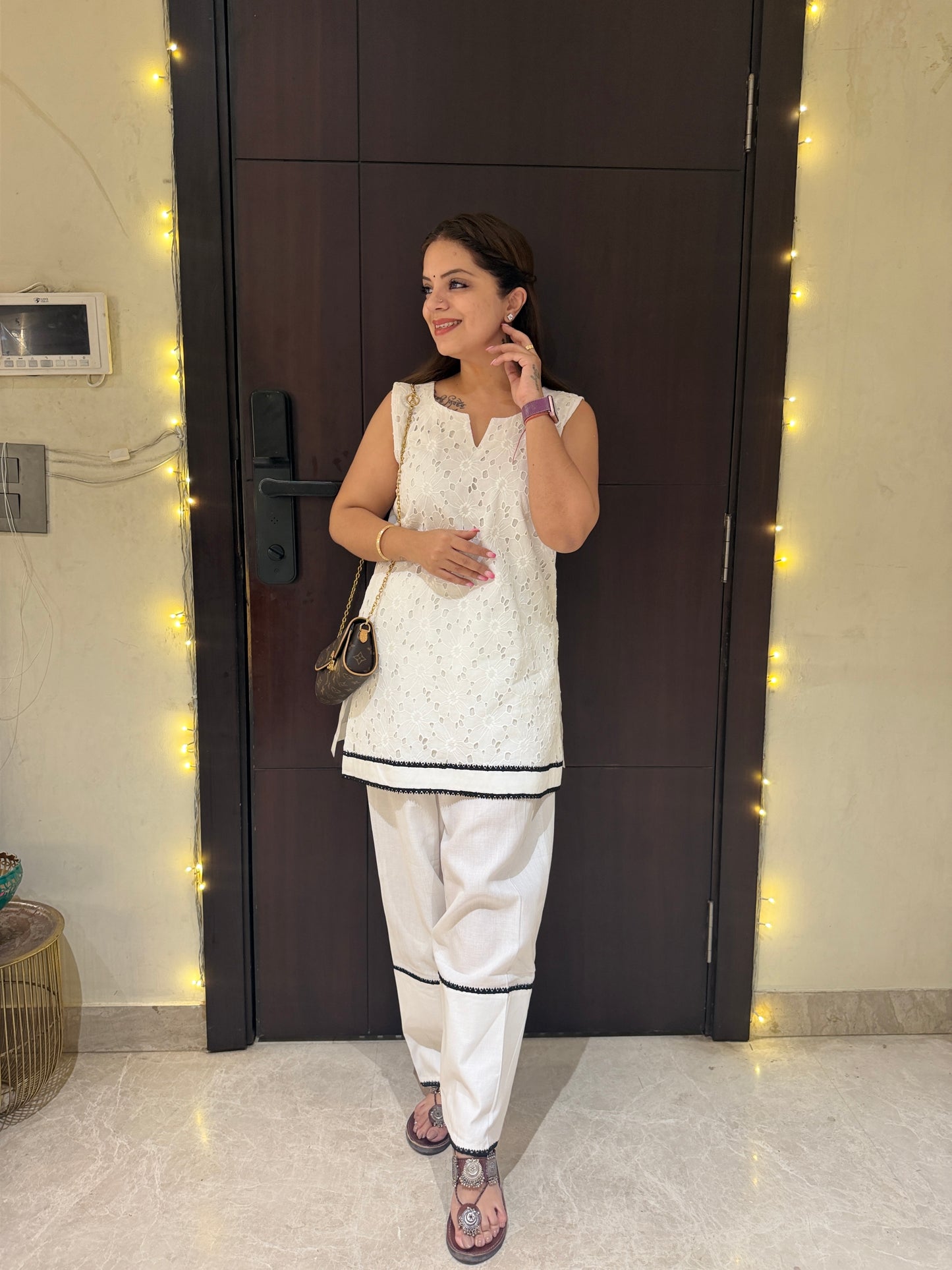 Noor Ivory Luxe Set - Women’s Ivory Schiffli Kurta Pant Set with Contrast Lace | Minimal Luxury Cotton Coord Set
