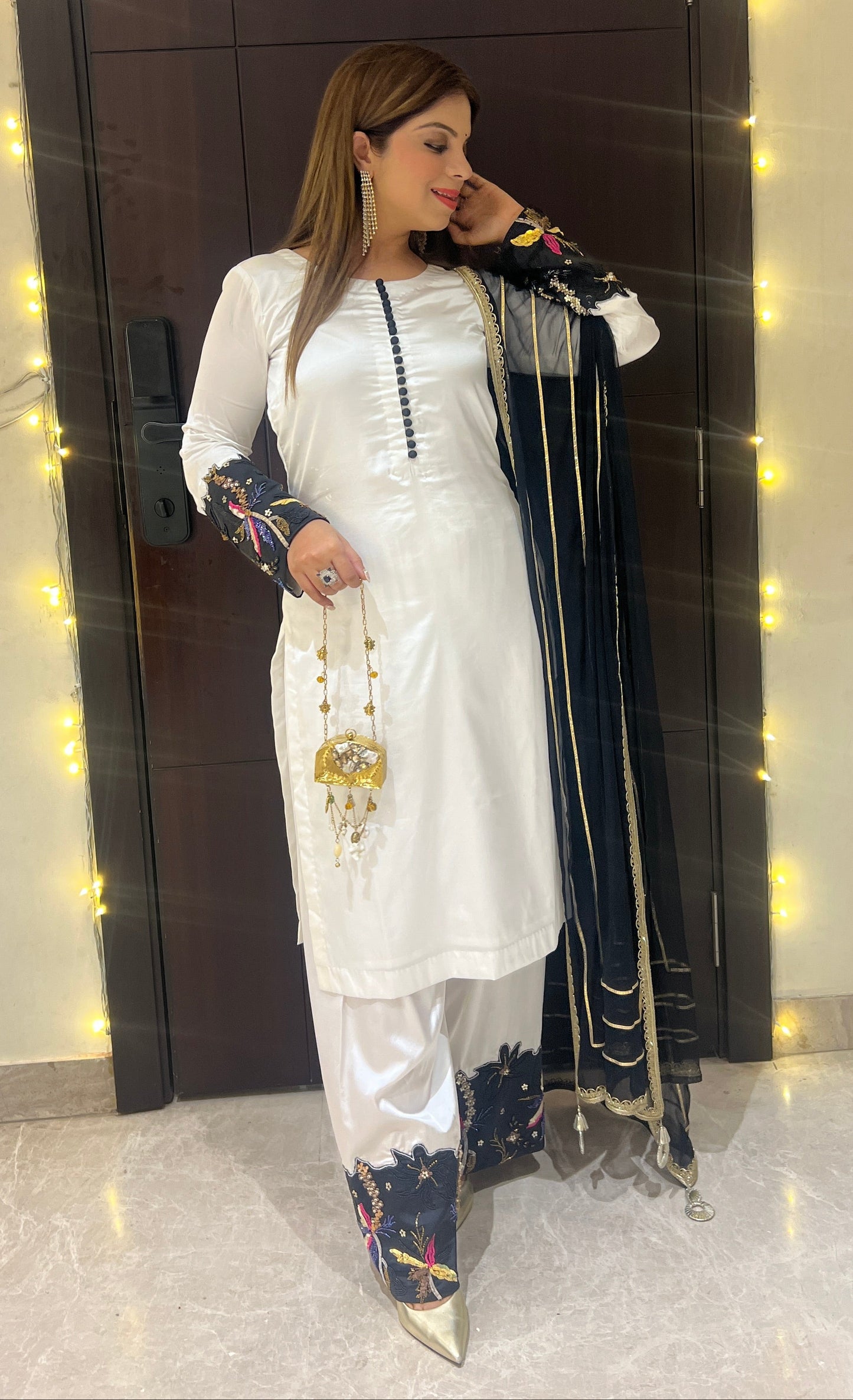 Noor-e-Safa - Classic White Pakistani Suit with Multi Colour Golden Detailing.