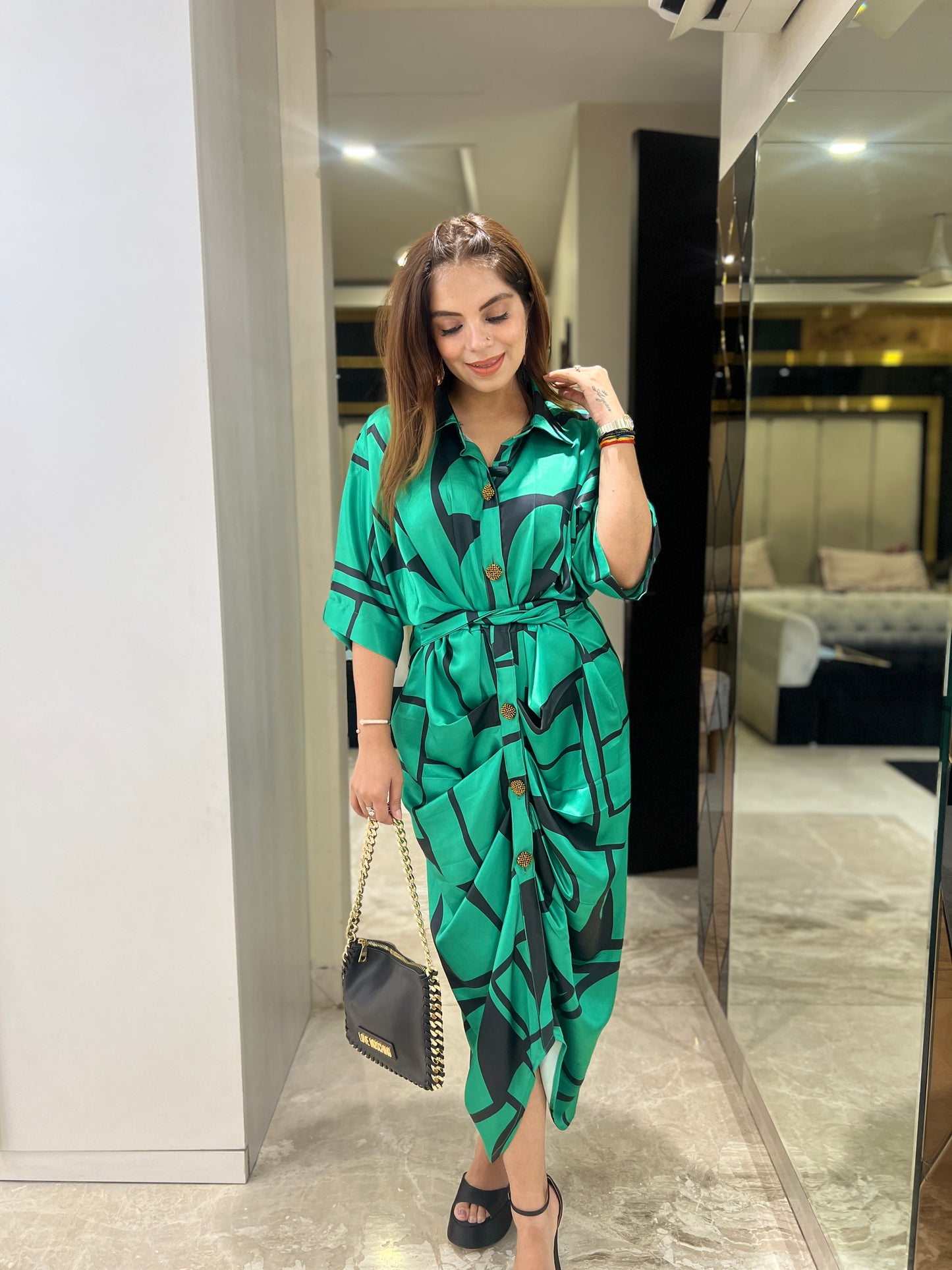 Shivangi - Emerald Green Draped Shirt Dress with Abstract Leaf Print – Stylish Women's Midi Dress