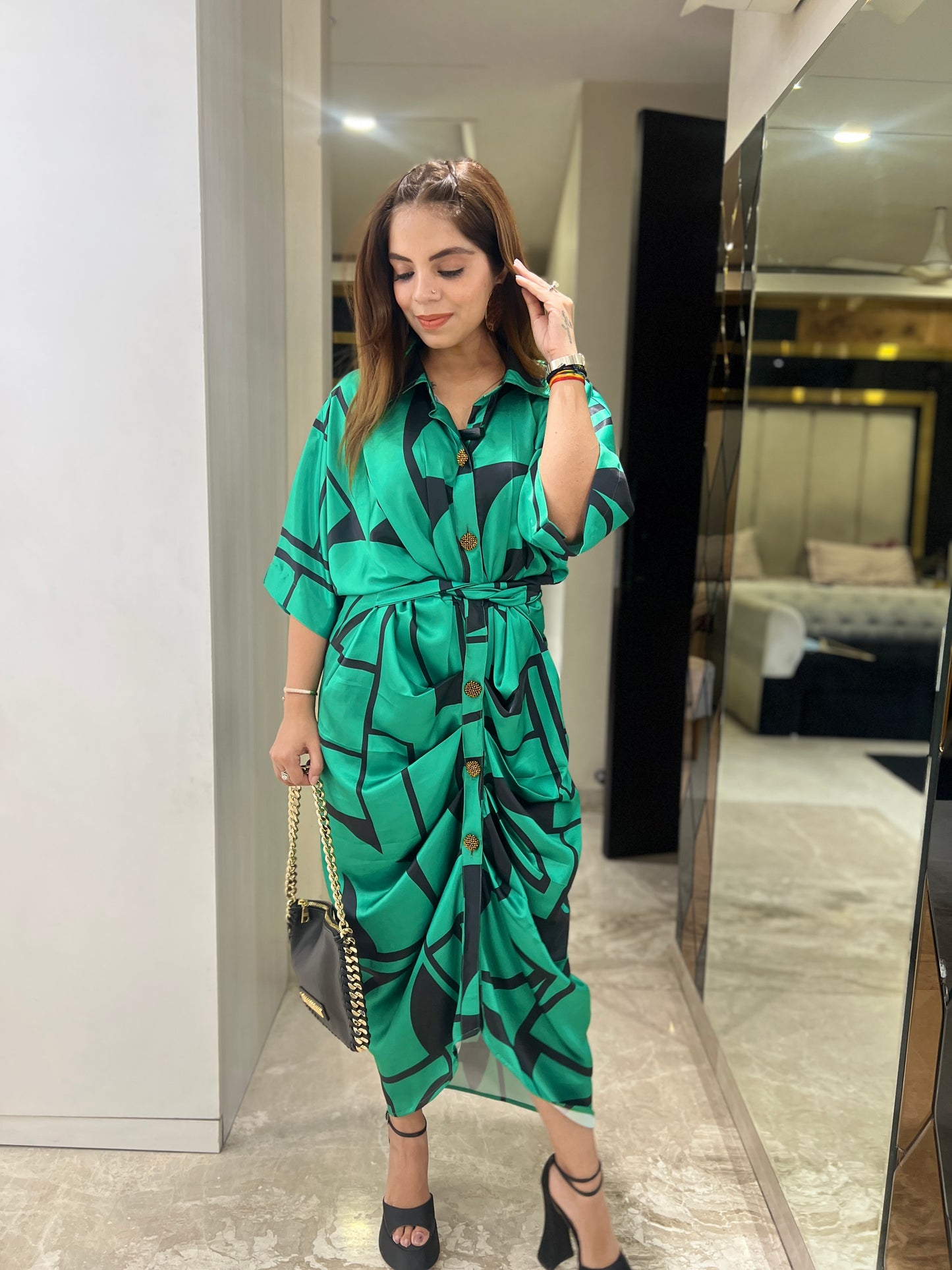 Shivangi - Emerald Green Draped Shirt Dress with Abstract Leaf Print – Stylish Women's Midi Dress