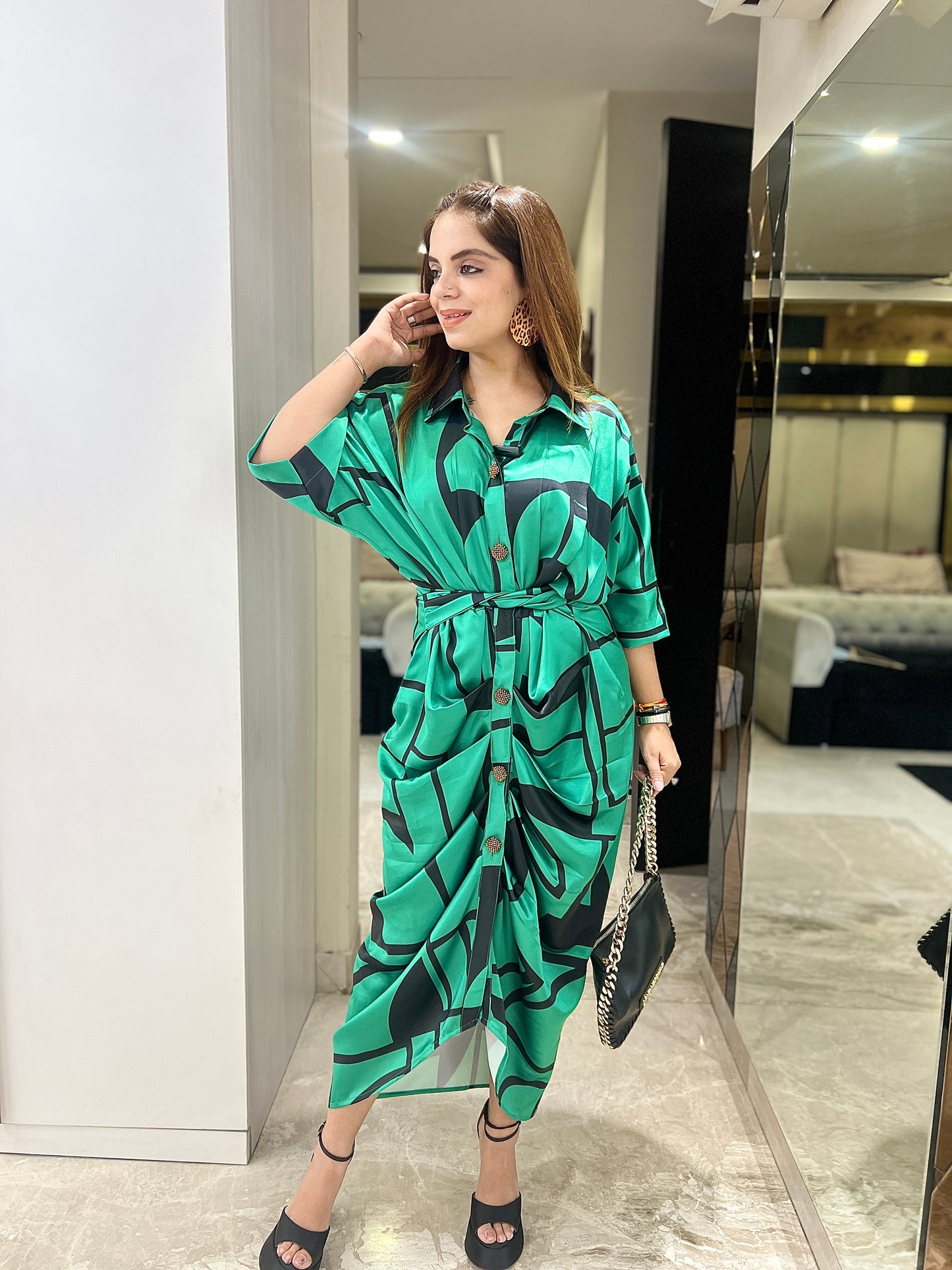 Shivangi - Emerald Green Draped Shirt Dress with Abstract Leaf Print – Stylish Women's Midi Dress