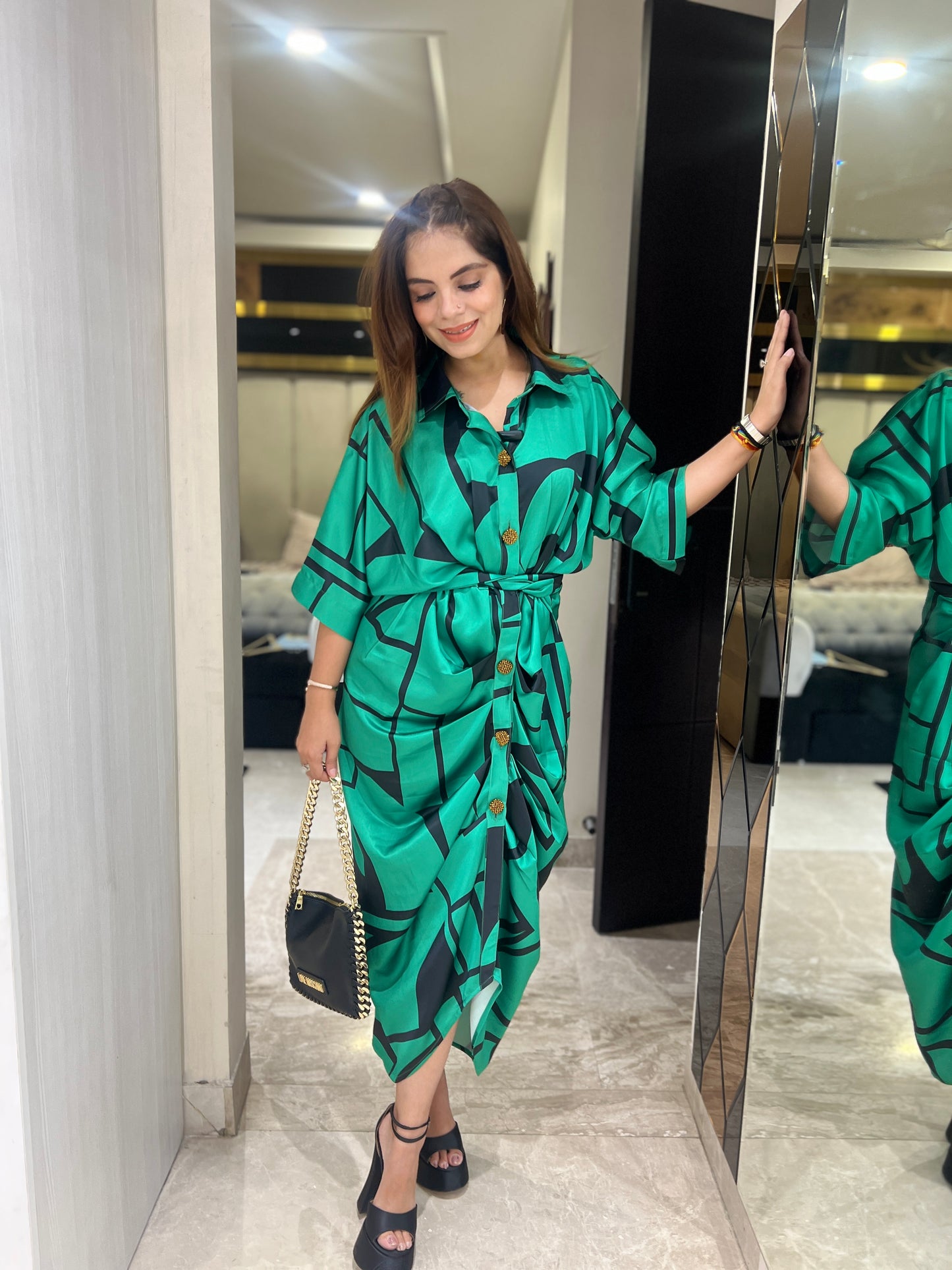 Shivangi - Emerald Green Draped Shirt Dress with Abstract Leaf Print – Stylish Women's Midi Dress