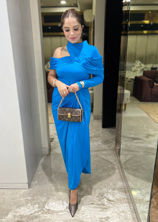 Vestido Luxe - Electric Blue Stretch Lycra Draped Dress with Cold Shoulder