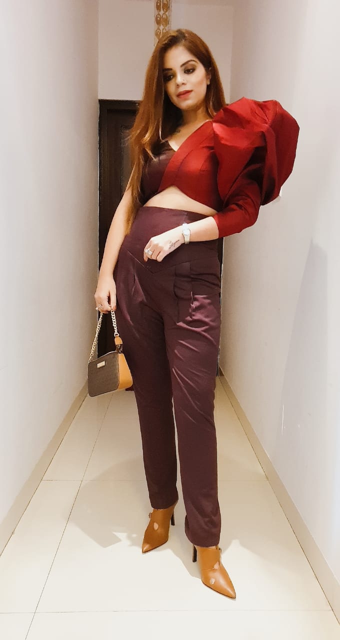 Valentina -  Wine Silk One-Shoulder Puff Sleeve Crop Top – Designer Partywear.