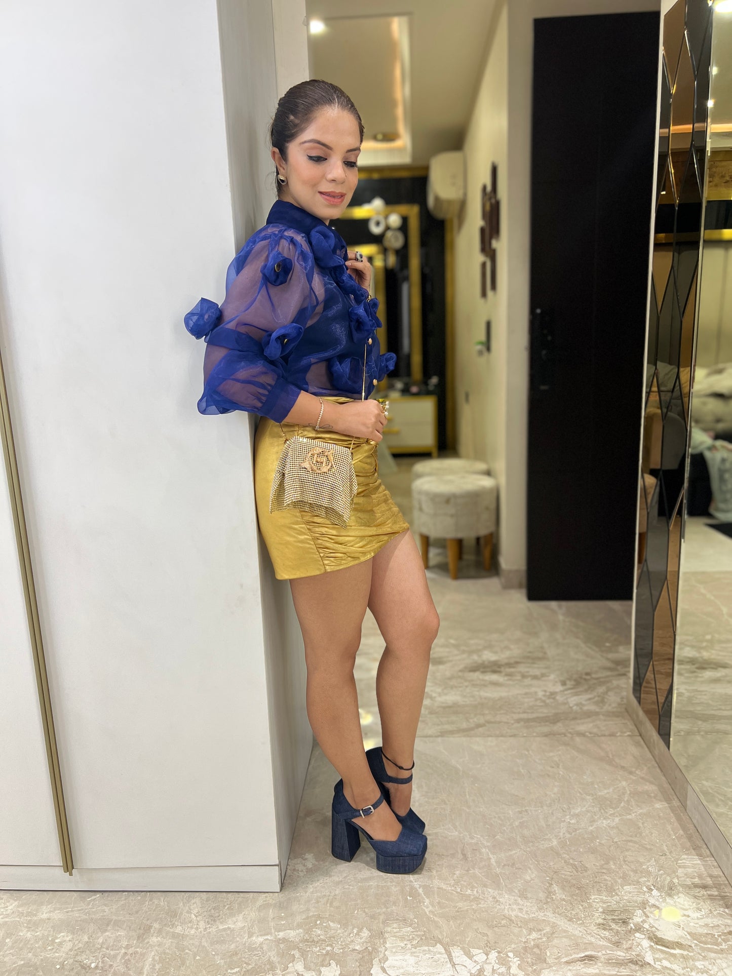 Jugni - Navy Blue Sheer Organza Shirt with 3D Floral Appliqué and Gold Button Detailing – Stylish Partywear Top for Women