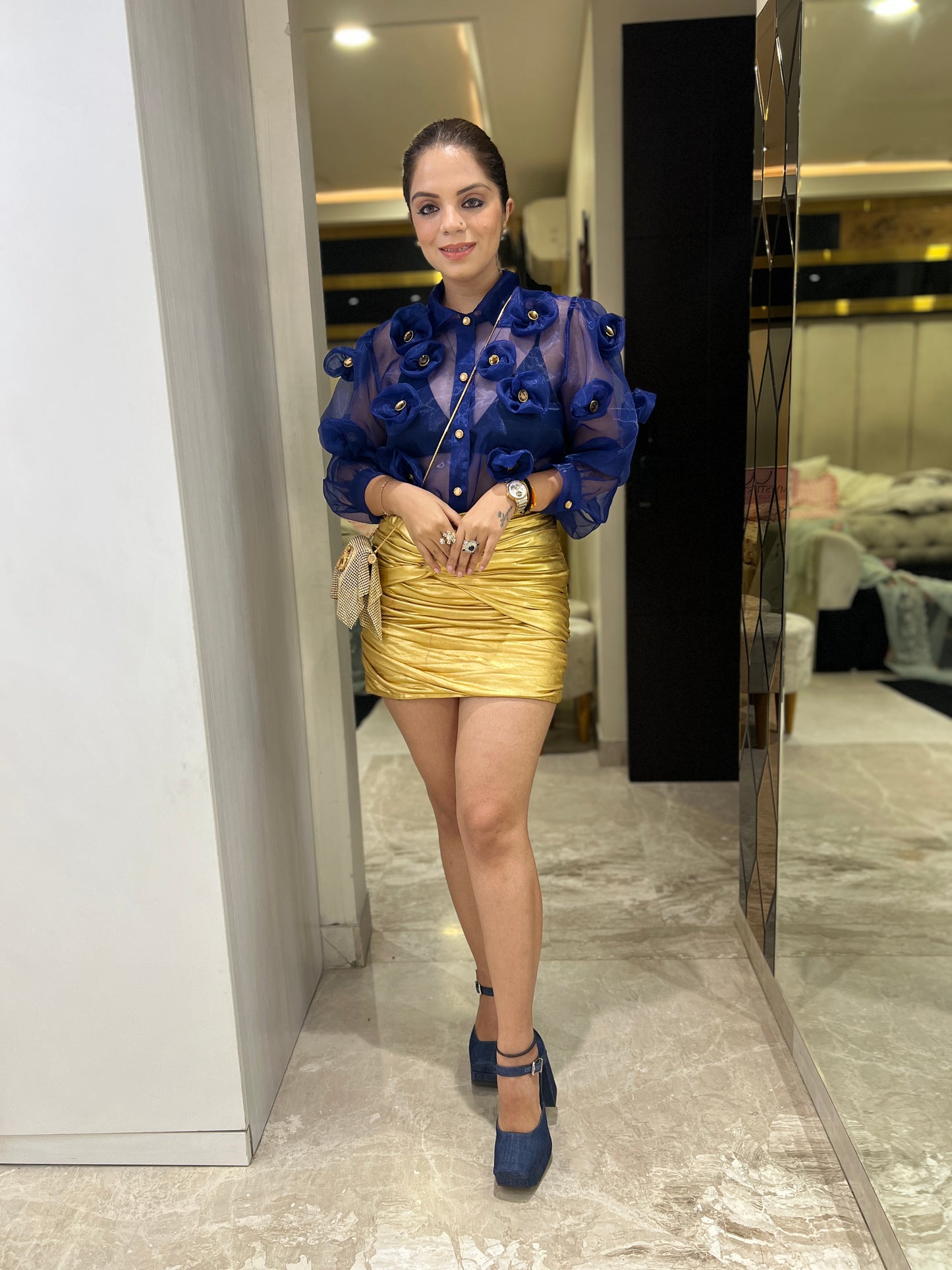 Jugni - Navy Blue Sheer Organza Shirt with 3D Floral Appliqué and Gold Button Detailing – Stylish Partywear Top for Women