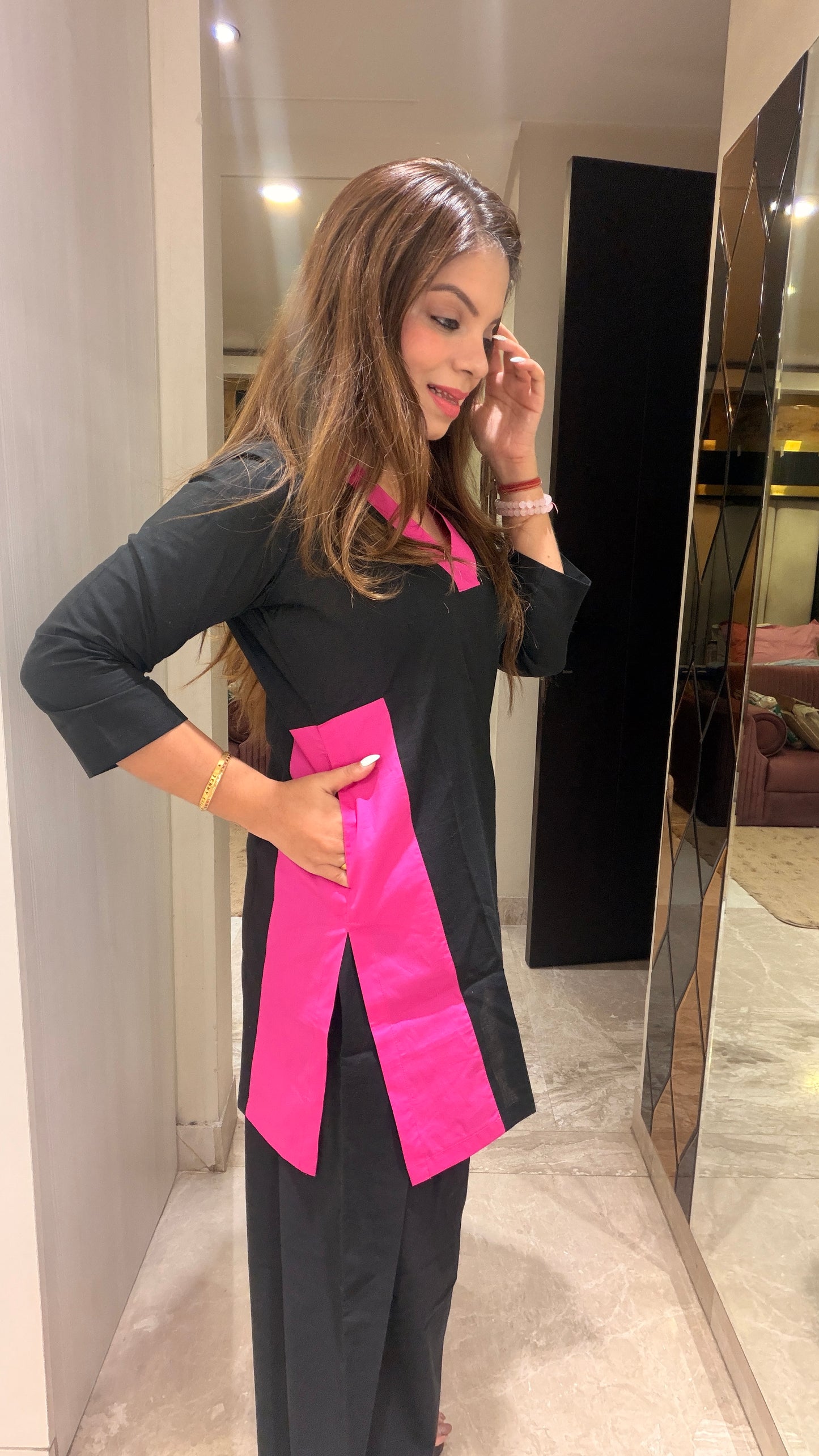 Midnight Pop Co-ord Set - Black & Hot Pink Cotton Co-ord Set for Women | Stylish Everyday Statement Wear