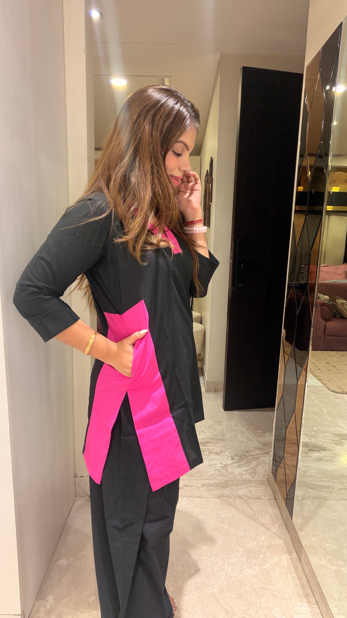 Midnight Pop Co-ord Set - Black & Hot Pink Cotton Co-ord Set for Women | Stylish Everyday Statement Wear
