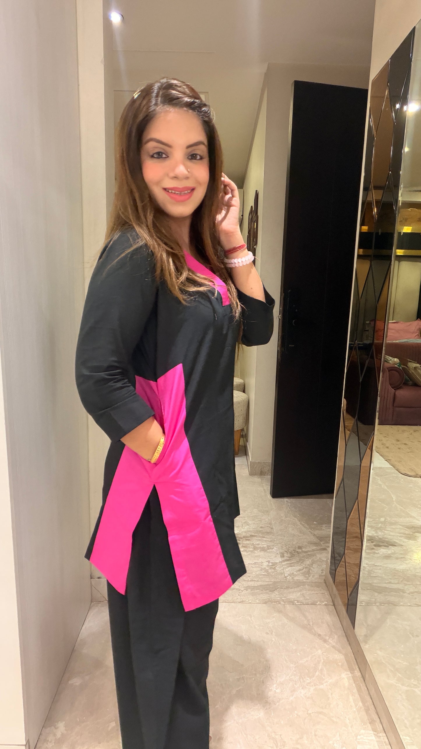 Midnight Pop Co-ord Set - Black & Hot Pink Cotton Co-ord Set for Women | Stylish Everyday Statement Wear