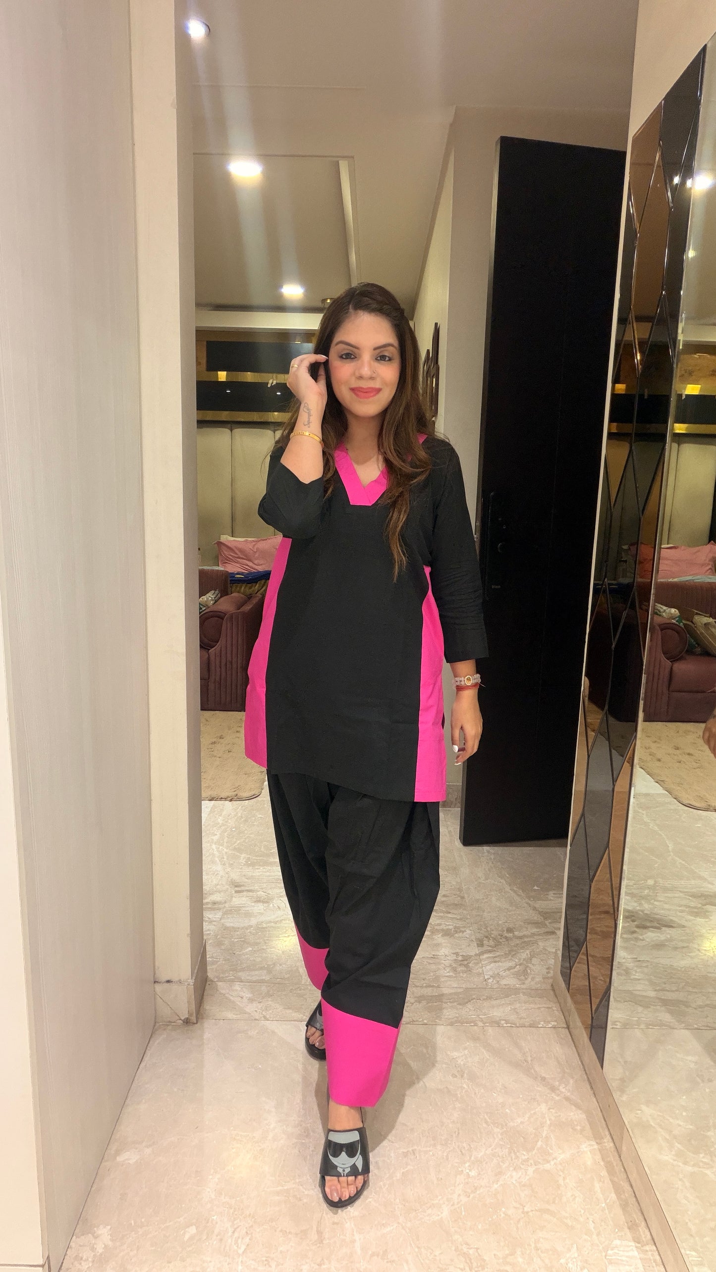 Midnight Pop Co-ord Set - Black & Hot Pink Cotton Co-ord Set for Women | Stylish Everyday Statement Wear