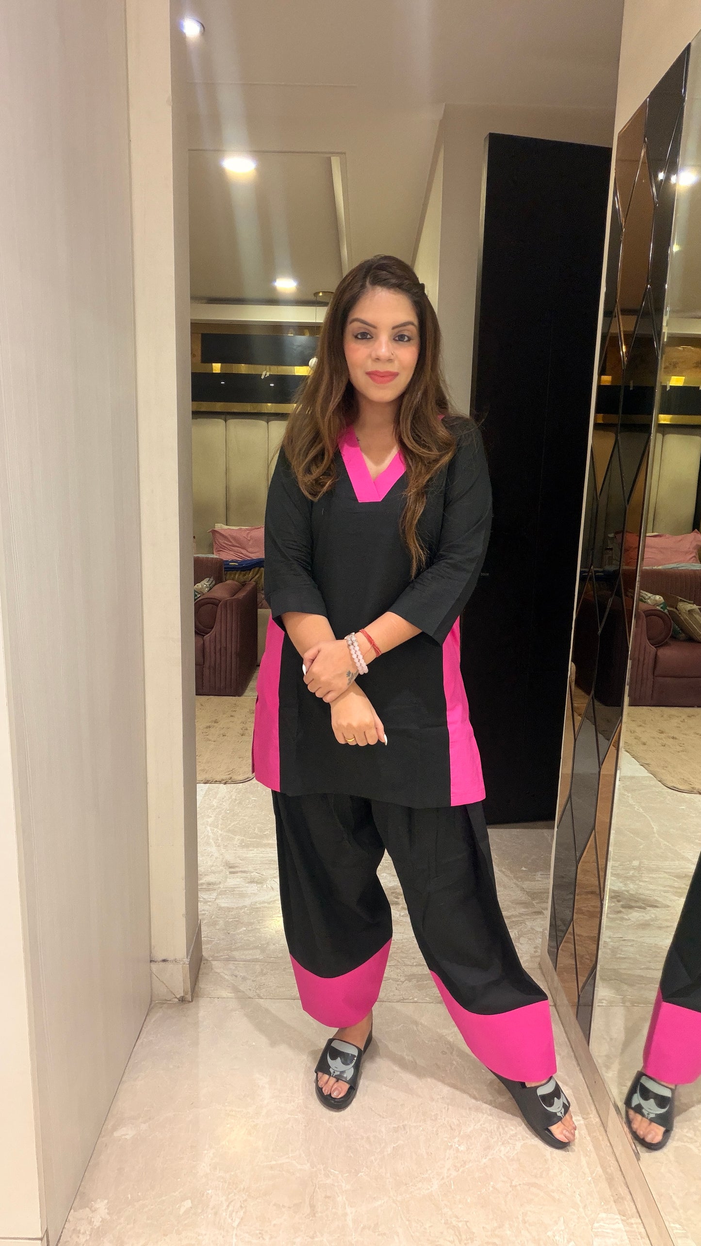 Midnight Pop Co-ord Set - Black & Hot Pink Cotton Co-ord Set for Women | Stylish Everyday Statement Wear