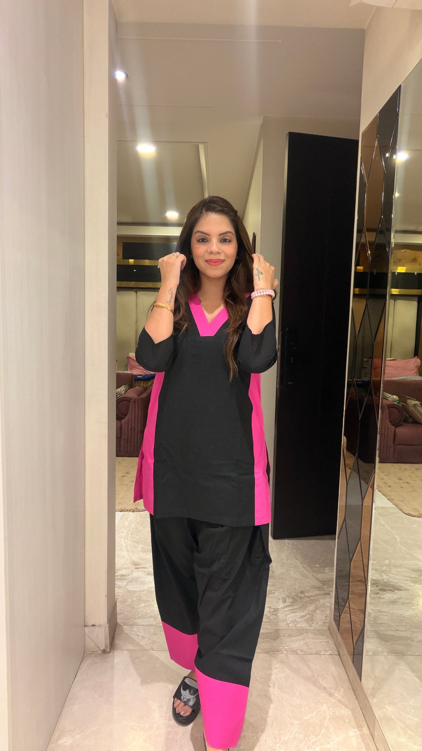 Midnight Pop Co-ord Set - Black & Hot Pink Cotton Co-ord Set for Women | Stylish Everyday Statement Wear