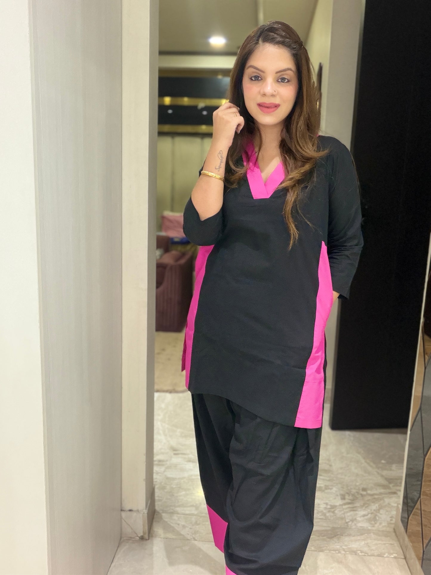 Midnight Pop Co-ord Set - Black & Hot Pink Cotton Co-ord Set for Women | Stylish Everyday Statement Wear