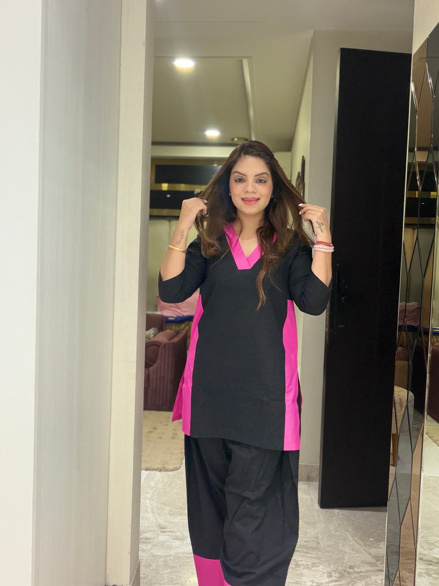Midnight Pop Co-ord Set - Black & Hot Pink Cotton Co-ord Set for Women | Stylish Everyday Statement Wear