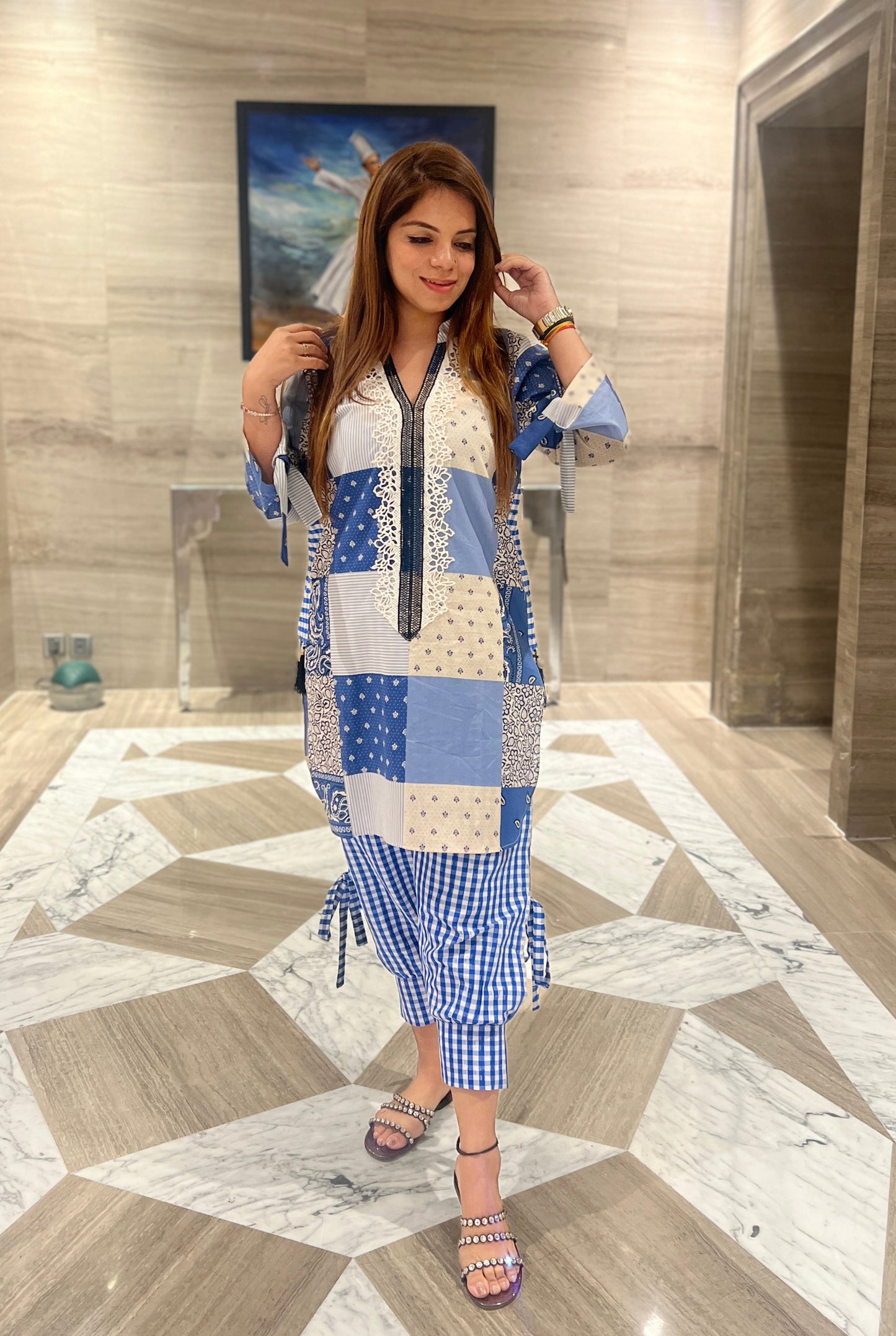 Nooran - Designer Blue Kurta Co-ord Set with Gingham Trousers and Lace Trim – Women's Fusion Wear