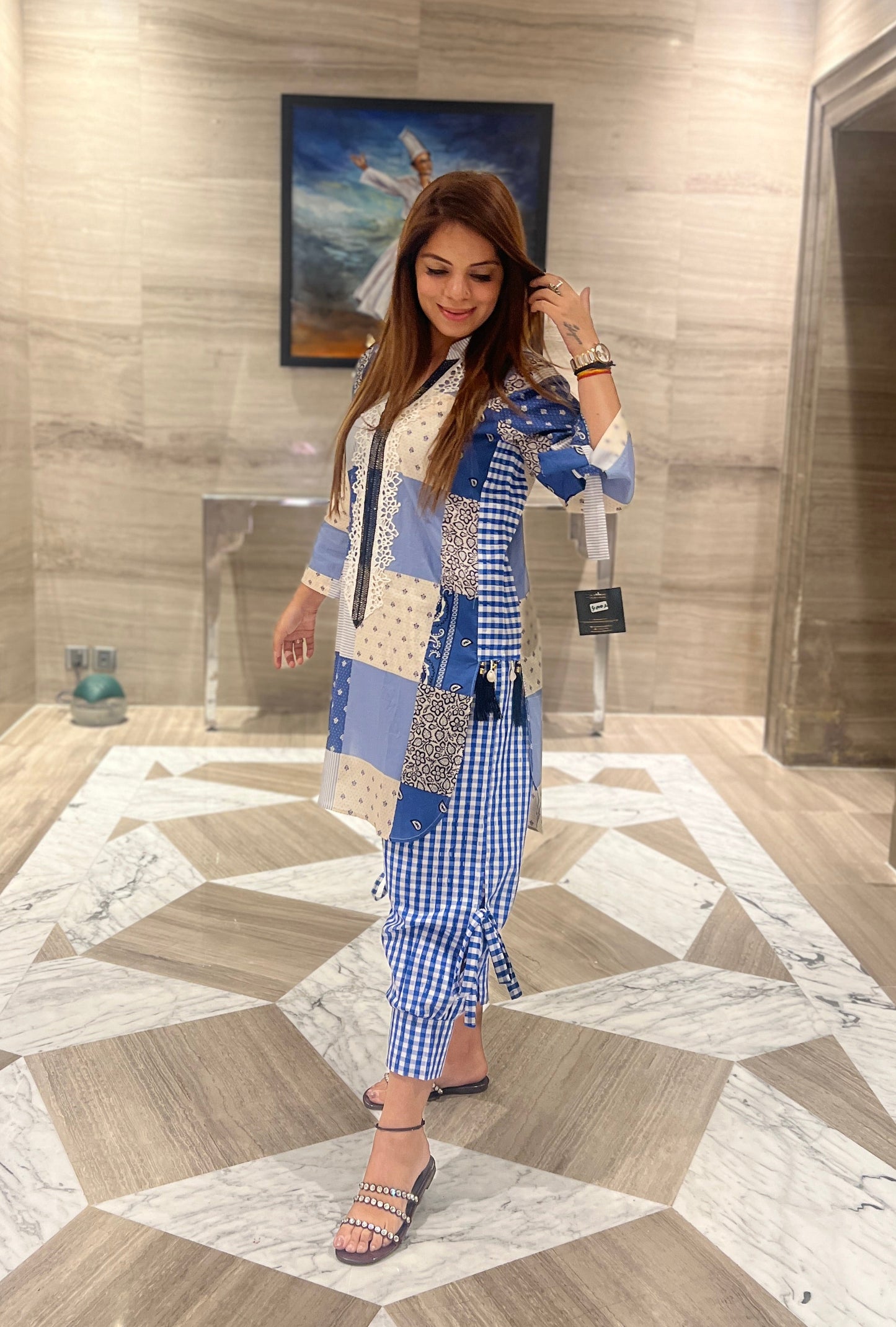 Nooran - Designer Blue Kurta Co-ord Set with Gingham Trousers and Lace Trim – Women's Fusion Wear