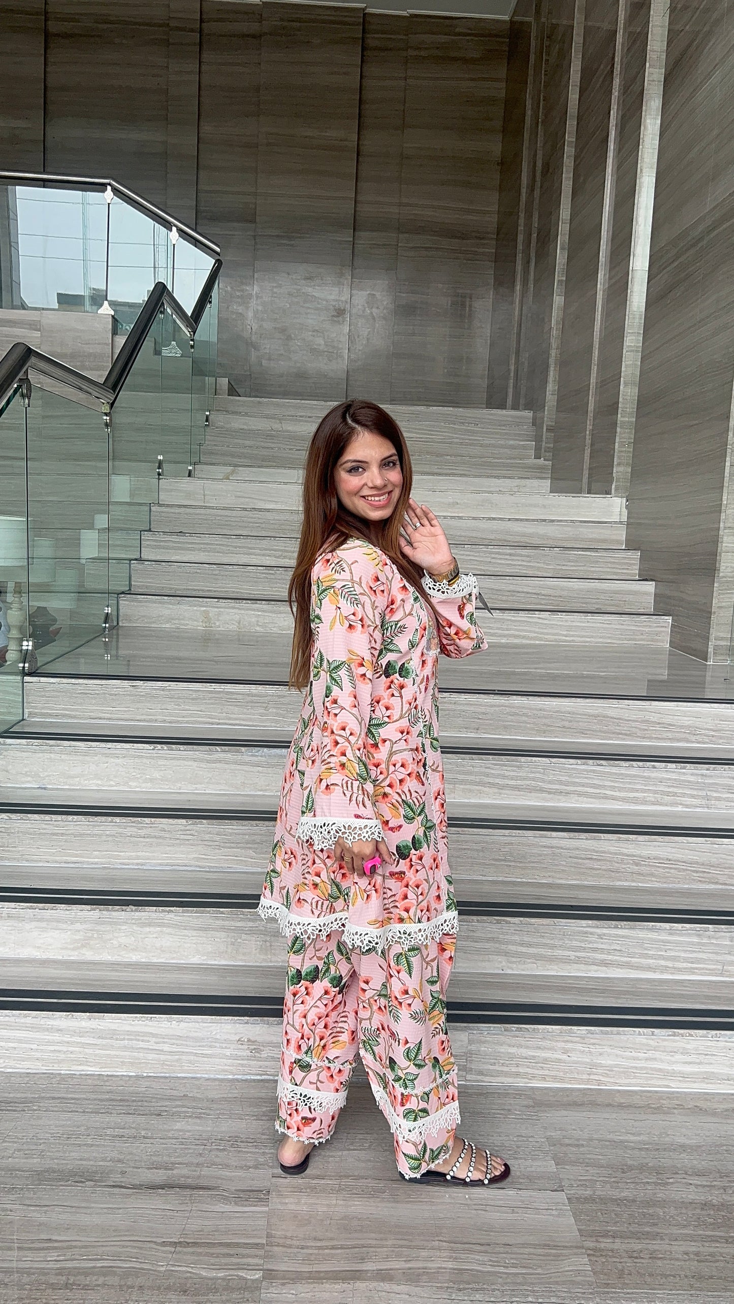 Ishika - Blush Pink Floral Kurta Set with Lace Detailing – Women's Summer Ethnic Co-ord