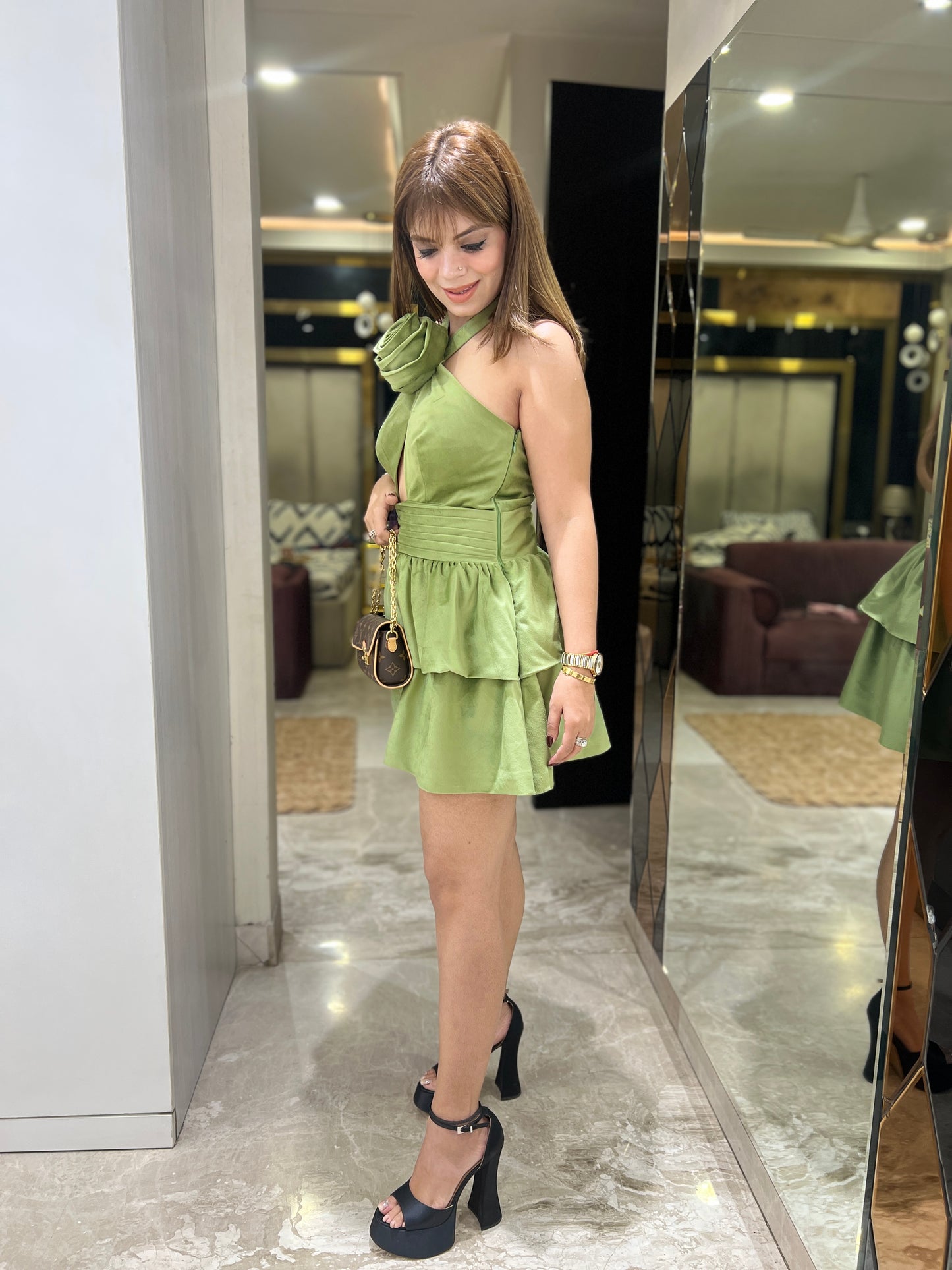 Heer Rose - Velvet Halter Mini Dress with Rose Knot – Emerald Green