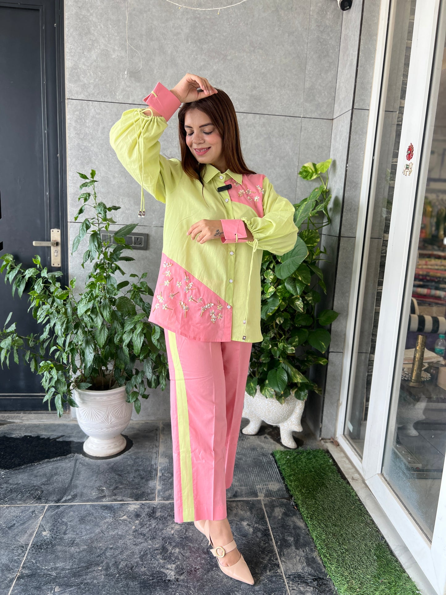 Mahnoor - Lime Green and Pink Colorblock Co-ord Set with Floral Embroidery – Stylish Fusion Wear for Women