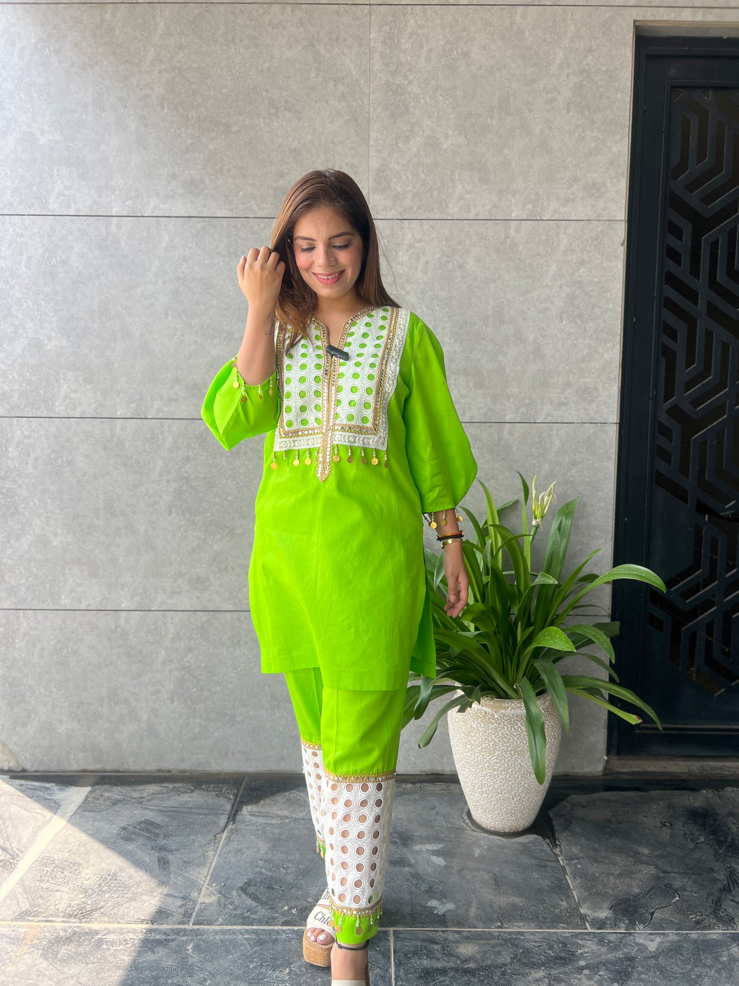 Mehek - Lime Green Kurta Set with Mirror Embroidery and Eyelet Pants – Women's Ethnic Cotton Ensemble