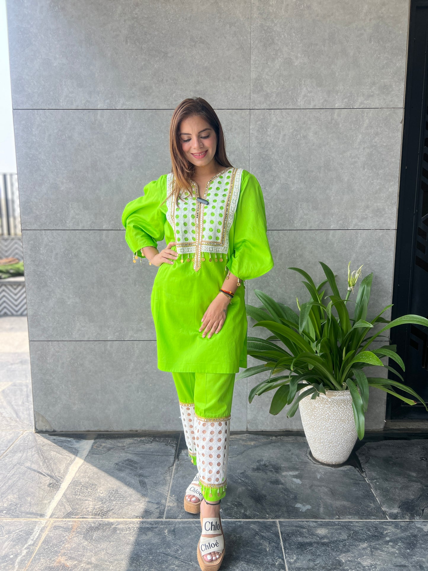 Mehek - Lime Green Kurta Set with Mirror Embroidery and Eyelet Pants – Women's Ethnic Cotton Ensemble