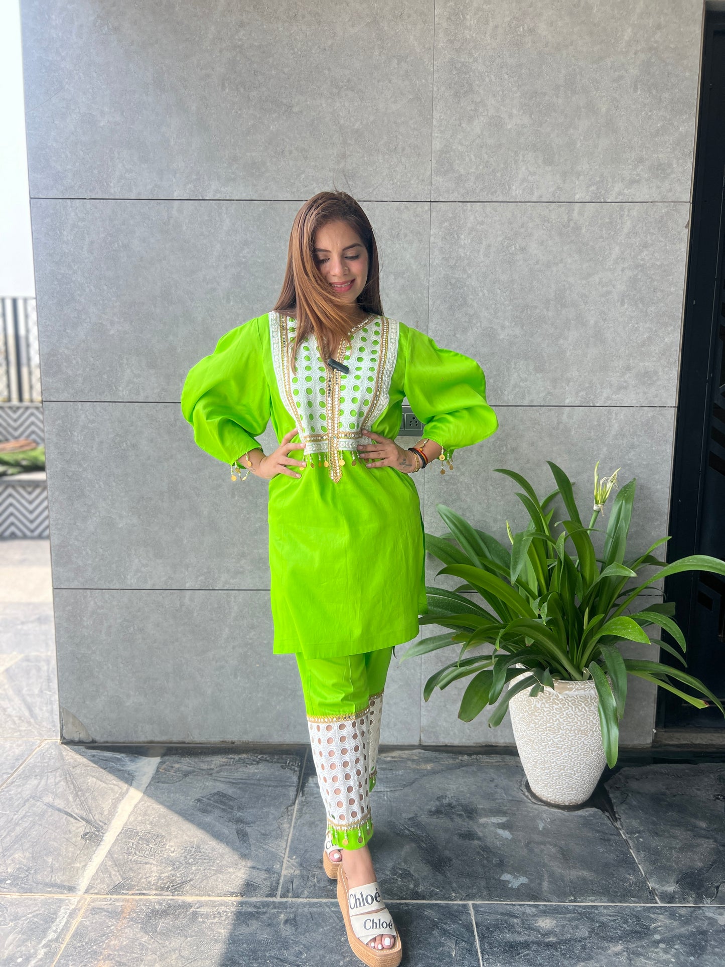 Mehek - Lime Green Kurta Set with Mirror Embroidery and Eyelet Pants – Women's Ethnic Cotton Ensemble