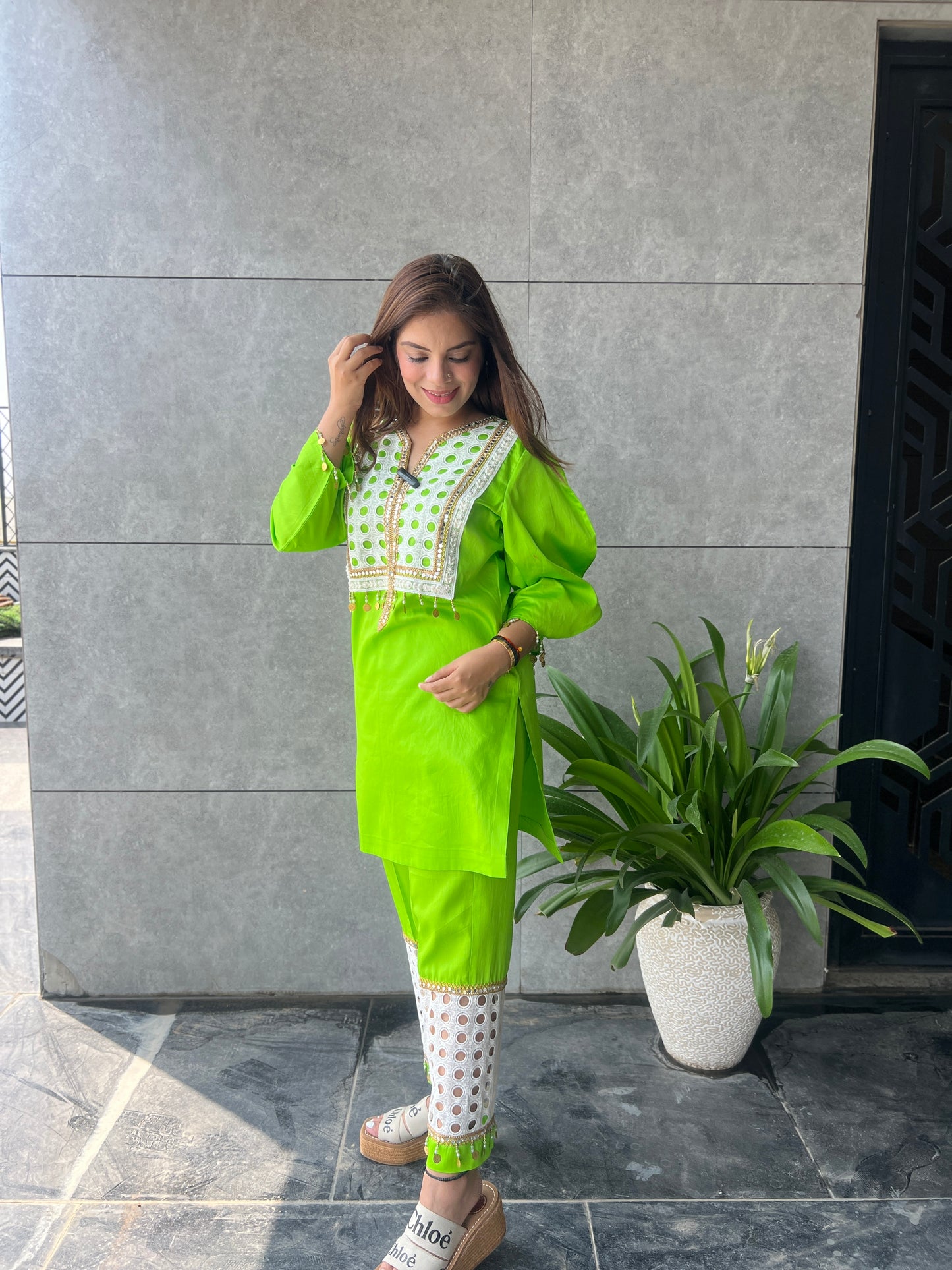 Mehek - Lime Green Kurta Set with Mirror Embroidery and Eyelet Pants – Women's Ethnic Cotton Ensemble