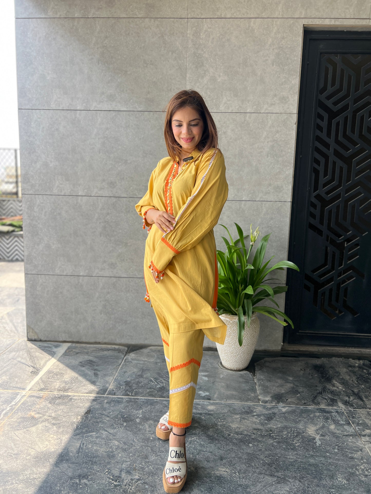 Sunshine - Mustard Kurta Set with Mirror Lace Detailing – Elegant Ethnic Cotton Wear for Women