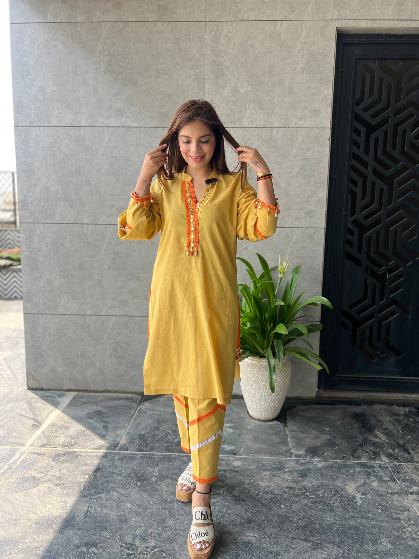 Sunshine - Mustard Kurta Set with Mirror Lace Detailing – Elegant Ethnic Cotton Wear for Women