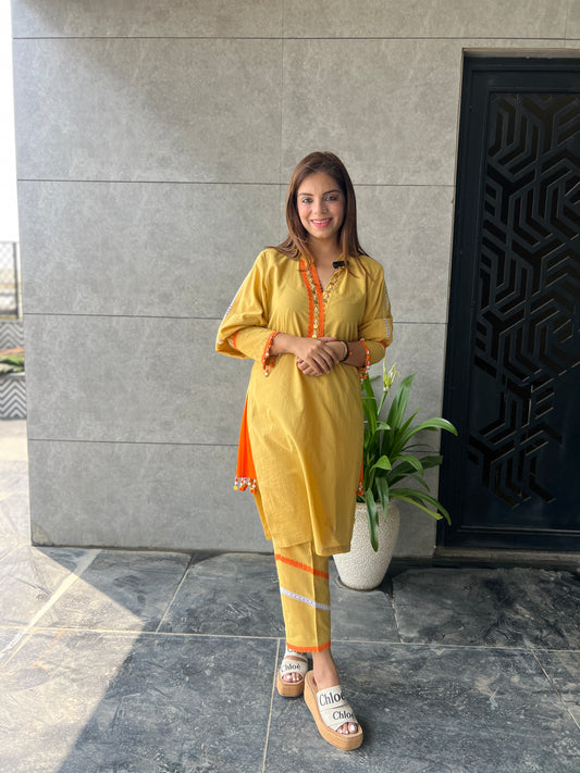 Sunshine - Mustard Kurta Set with Mirror Lace Detailing – Elegant Ethnic Cotton Wear for Women
